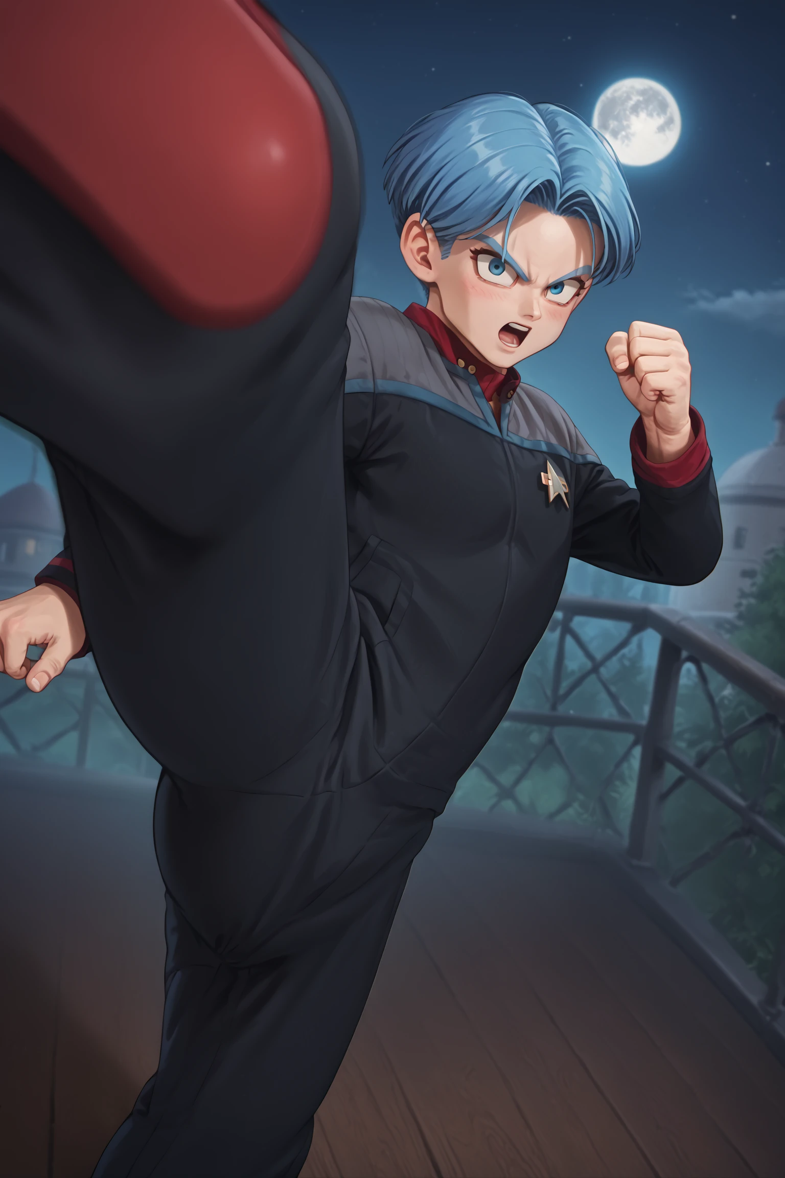 score_9, score_8_up, score_7_up, score_6_up, zPDXL2,kicking, kicking at viewer, <lora:KickingAtViewer_XLPD:1>
trunks_super, blue hair, blue eyes, open mouth,on a bridge,at night,moon<lora:Trunks_ãã©ã³ã¯ã¹_-_Dragon_Ball_Super_Super_Hero_ãã©ã´ã³ãã¼ã«è¶ã¹ã¼ãã¼_ã¹ã¼ãã¼ãã¼ã­ã¼_-_Pony_Comission:1.000000>
ds9st,black and grey star trek uniform,(grey shoulders),red neck,red strip at wrist,black jumpsuit,long black sleeves,black pants<lora:ponyDS9>