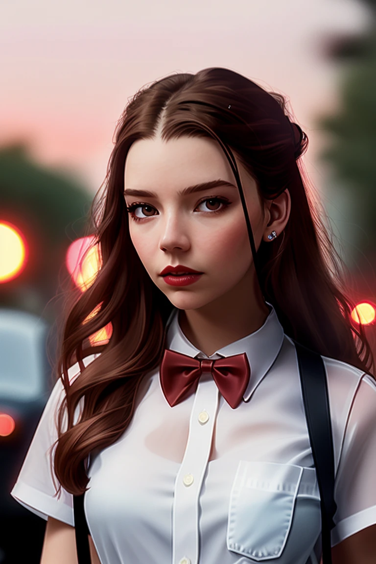 anyataylorjoy-4230, ((detailed skin, detailed face):1.2), ((detailed eyes, beautiful eyes):1.2), ((red lipstick, eyeliner, eye shadow, blush)), , photo of a woman, ,beautiful picture, fully clothed, outside, ((bowtie, thighhighs, shirt, skirt)), city street, sunset, detailed, epic, closeup,