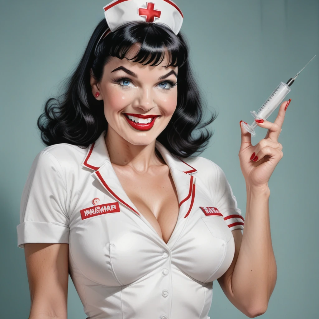 smp_bettie, nurse uniform, huge syringe, welcoming, smile 