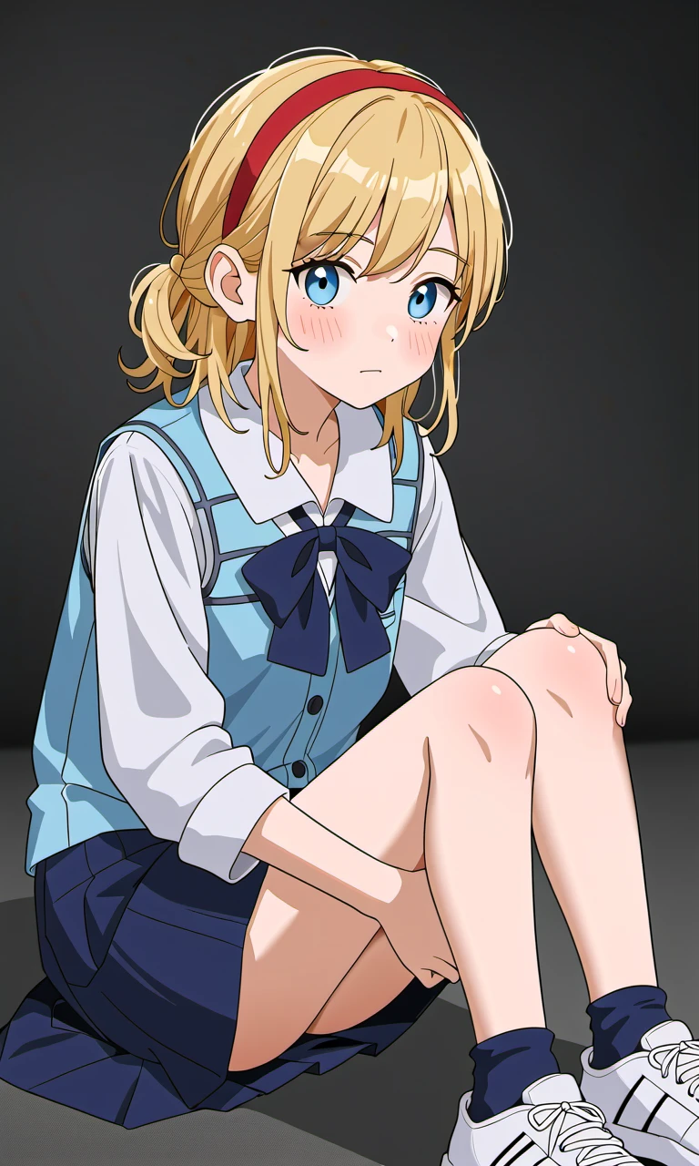 SherryBirkin, RE2, white short-sleeved blouse, dark blue skirt, long dark blue socks, white sneakers, light blue vest, blonde hair, medium hair, light blue eyes, blonde girl, hairstyle with a half ponytail, locks around the face, blue bow , red headband