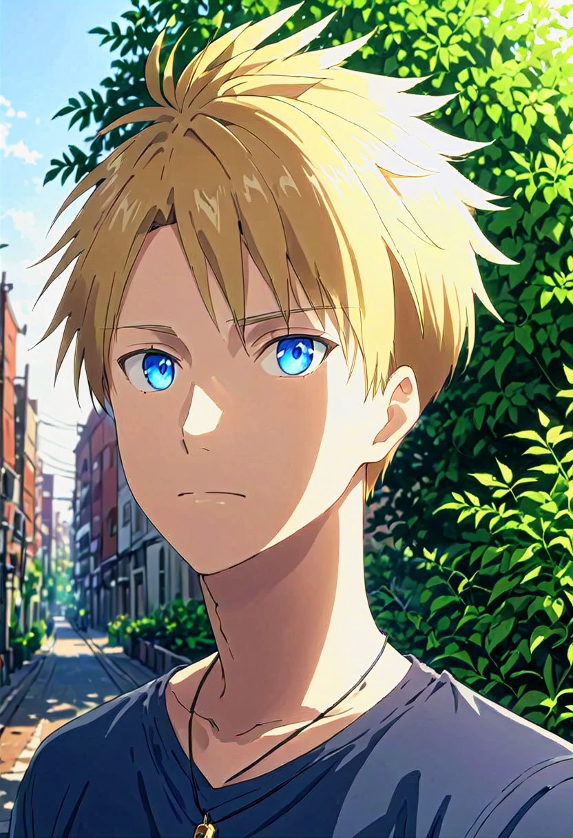 high resolution, solo, best quality, 1Boy, Yamato Ishida, Blonde Hair, Blue Eyes, Necklace, portraits, proud, outdoor, Half Body, Depth Of Field,