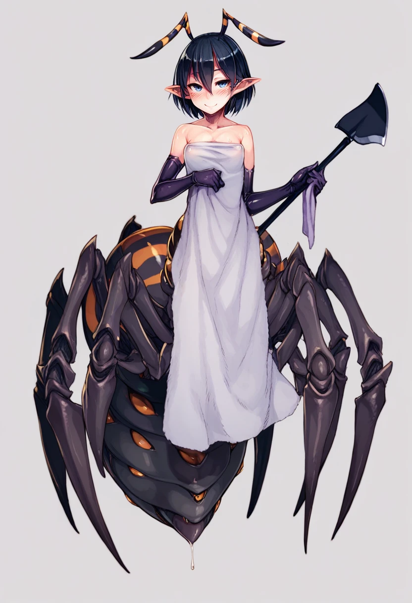 score_9, score_8_up, score_7_up, score_6_up, <lora:MonsterGirlXL_P6_lokr_V43P1NF:0.95> 1girl, arthropod girl, solo, monster girl, taur, blue eyes, pointy ears, shovel, short hair, antennae, gloves, blush, arthropod limbs, elbow gloves, black hair, simple background, white background, towel, breasts, smile, covered nipples, looking at viewer, spider girl, arachne, full body, small breasts, carapace, holding, dress, bare shoulders