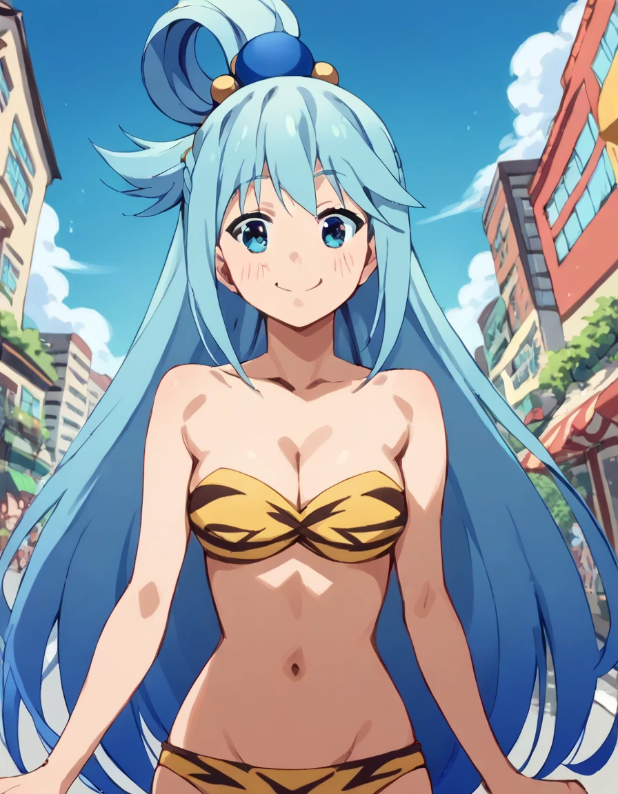 score_9, score_8_up, score_7_up, source_anime, konosubaaqua, <lora:konosuba-aqua-s2-ponyxl-lora-nochekaiser:1>, aqua (konosuba), long hair, blue eyes, hair ornament, very long hair, blue hair, hair rings, single hair ring, hair bobbles,, <lora:lum-cosplay-ponyxl-lora-nochekaiser:1>, lumcosplay, navel, cleavage, swimsuit, bikini, strapless, animal print, yellow bikini, tiger print, strapless bikini,, outdoors, cityscape, street, smile, blush,, cowboy shot, dutch angle,