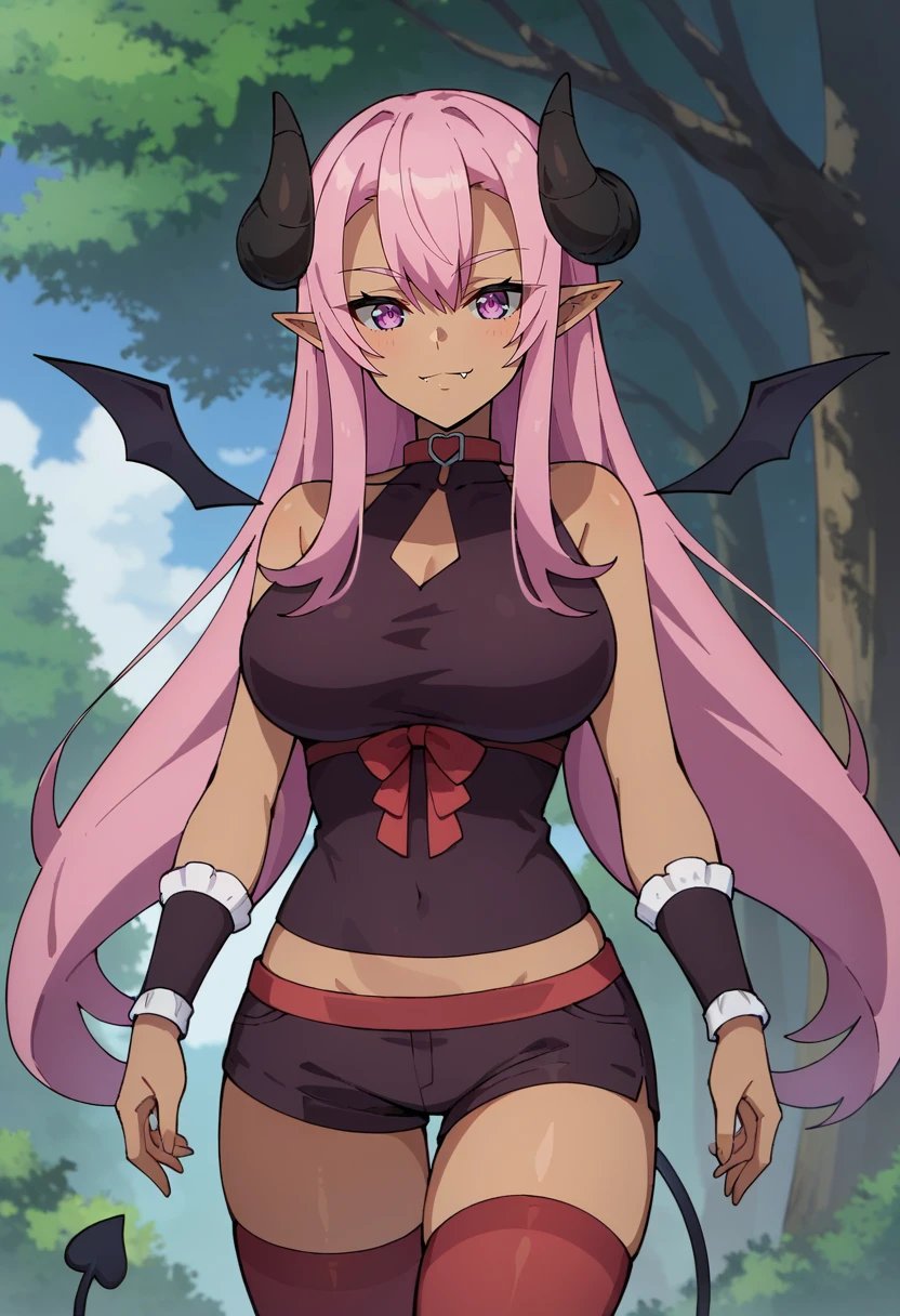 score_9, score_8_up, score_7_up, source_anime,
<lora:MaougunSaikyou_LilithXL:0.8>, LilithMS,
1girl, closed mouth, light smile, fang, shiny skin,
pink hair, long hair, lavender eyes, dark skin, pointy ears, horns, demon wings, demon tail,
purple shirt, crop top, red collar, heart, clothing cutout, red bow, underbust, short shorts, purple shorts, wrist cuffs, red thighhighs,
standing, looking at viewer,
outdoors, forest, dark