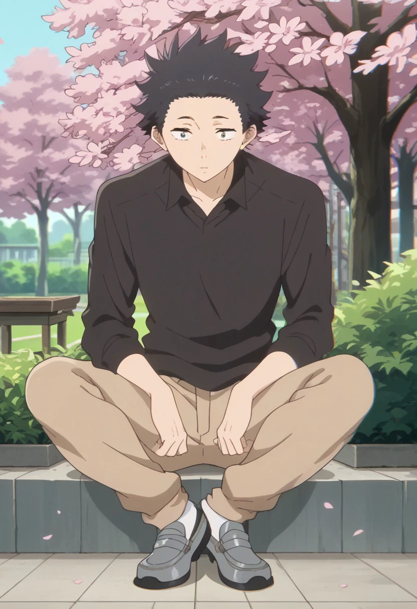 score_9, score_8_up, score_7_up, source_anime, rating_safe, Shoykoe, 1boy, male focus, anime screencap, school uniform, black shirt, light brown pants, grey shoes, sitting, cherry blossom trees, there was no baguette today...