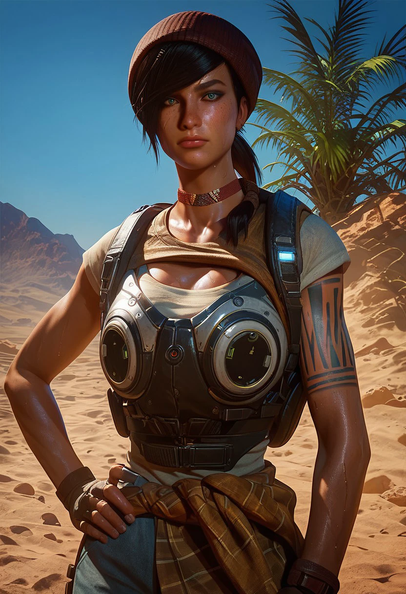 Score_9_up, score_8_up, score_7_up, 1girl, solo, kaitdgow, black hair, short hair, ponytail, freckles, tanktop, beanie, choker, light armor, fingerless gloves, plaid shirt around waist, arm tattoo, hand on hip, desert, hot, sweaty body, Expressiveh