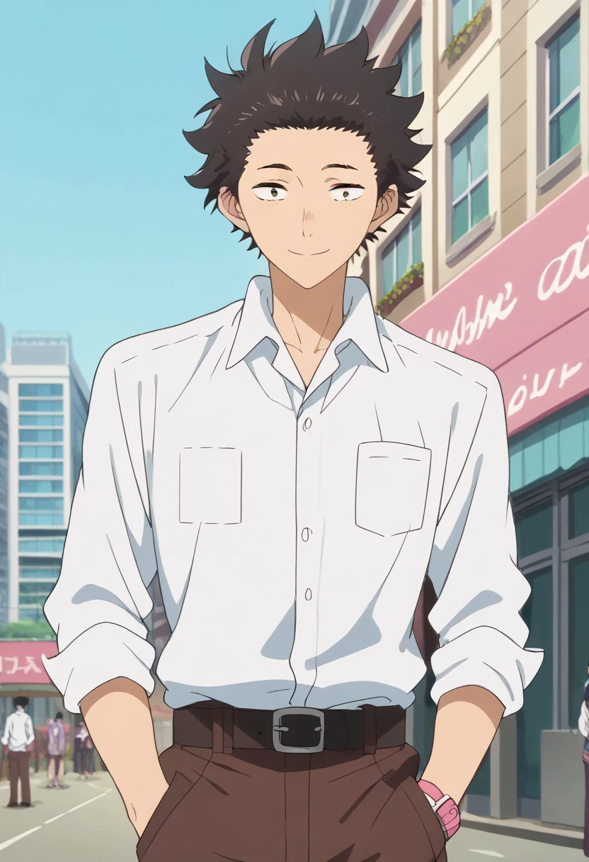 score_9, score_8_up, score_7_up, source_anime, rating_safe, Shoykoe, 1boy, male focus, anime screencap, school uniform, untucked white collared shirt, sleeves rolled up, belt, brown pants, hands in pocket, buildings, wide smile, pink wristwatch, kinda thought he'd become a baker with his baguettes tho...