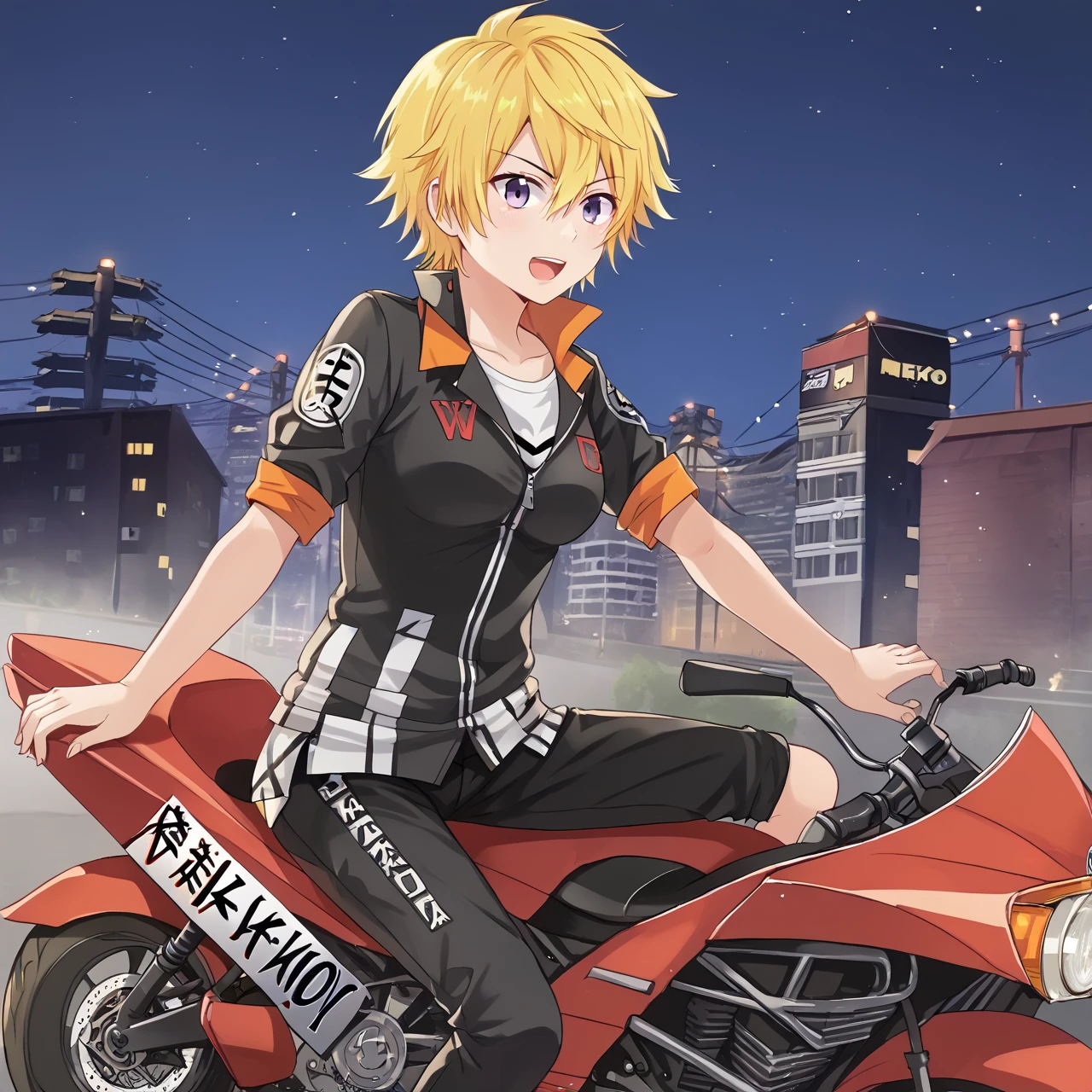 1girl, solo, riding a motorcycle, night tokyo, medium breasts <lora:96nekoXLpony:1> 96neko, tomboy, yellow hair, multi-colored hair, biker outfit