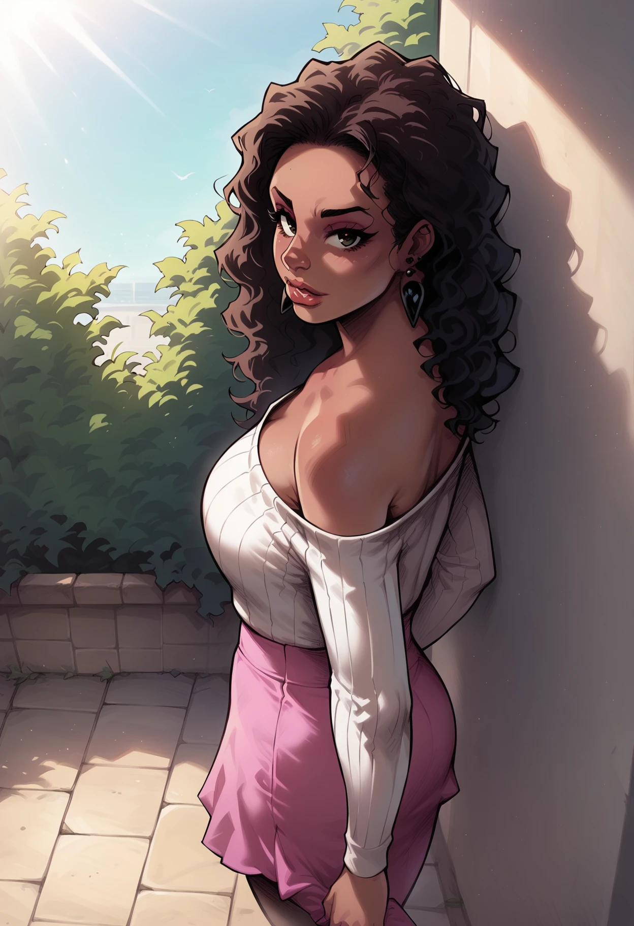 score_9, score_8_up, score_7_up,  <lora:p4m3l4_v2:1> p4m3l4_v2,1girl,solo,looking at viewer, off shoulder,white  sweater,, pink skirt, earrings, standing, from above, outdoors,from side,dampled sunlight