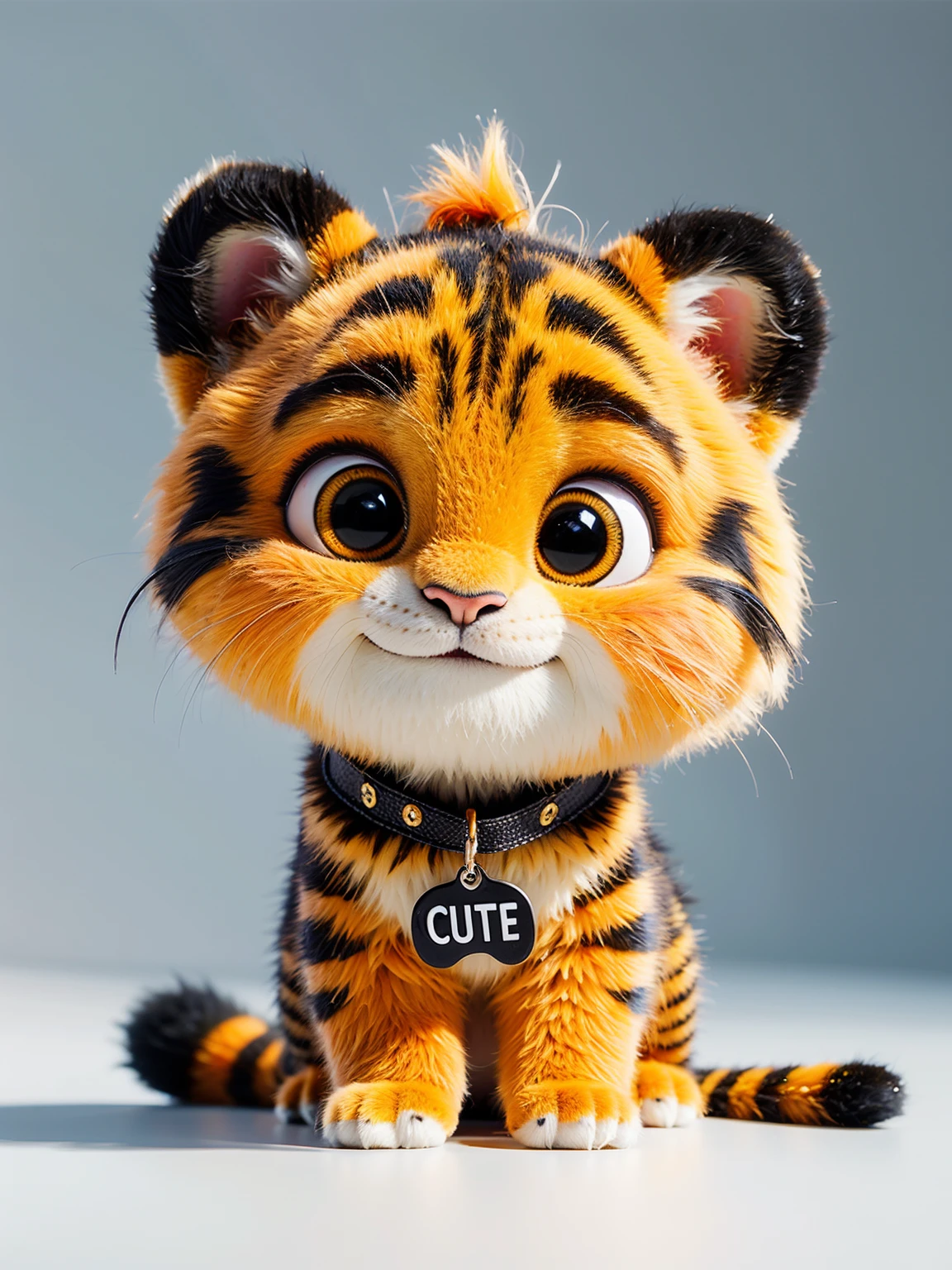 wearing a dog tag that says "cute",fluffy animal,no humans,looking at viewer,tiger,grey background,<lora:DESAnimal:0.6>,