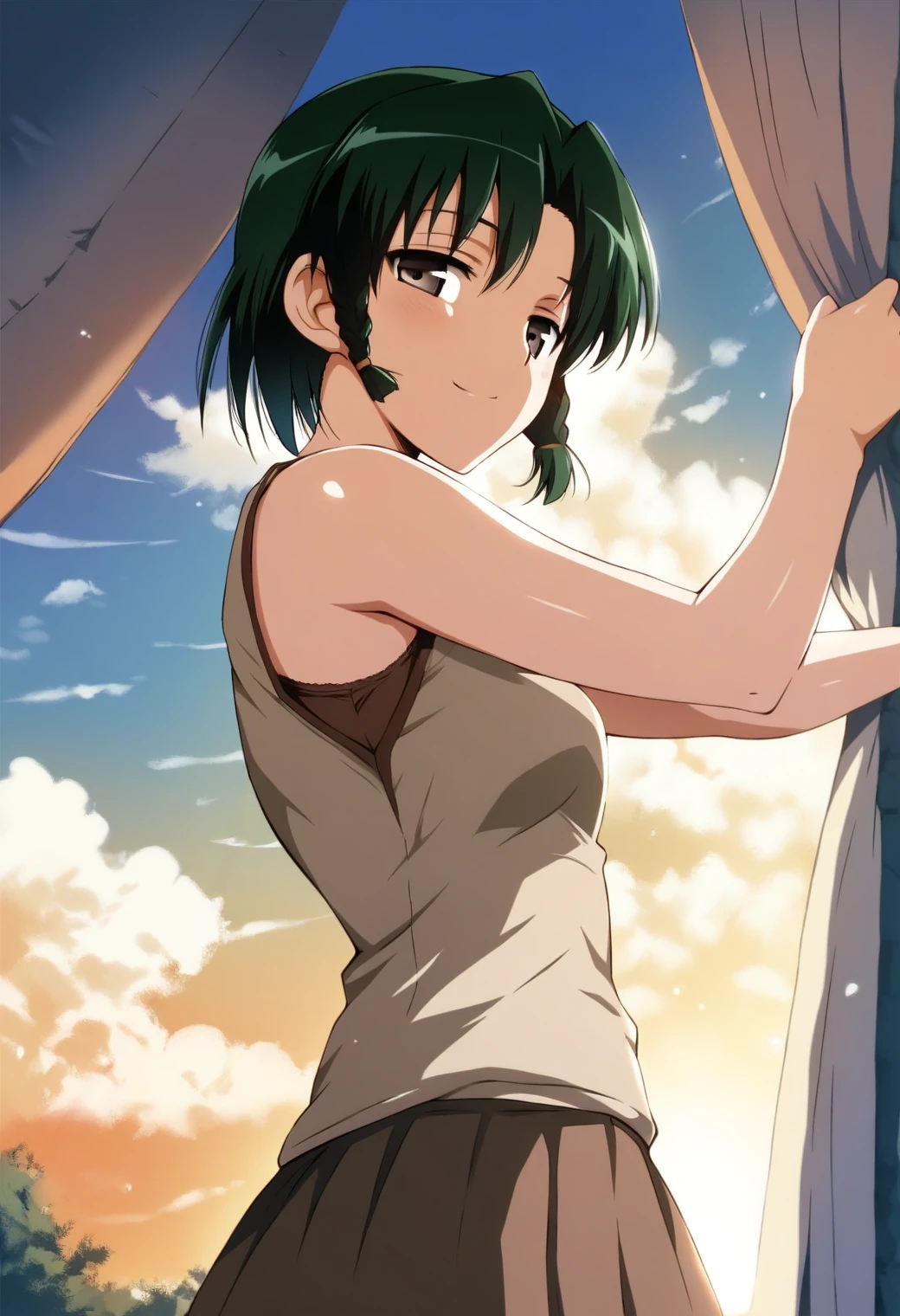 <lora:ichijou_karen_ponyxl_v3:0.8>, ichijou karen, solo, green hair, side braid, grey eyes, brown eyes, looking at viewer, standing, light smile, half-closed eyes,
stone age clothes, brown tank top, brown skirt,
dusk, tent, outdoors, orange sky, cloud,
score_9, score_8_up, score_7_up, score_6_up, anime coloring, (hara \(harayutaka\):0.5), (m-da s-tarou, asou \(asabu202\):0.5), high quality, detailed, beautiful, shiny, outstanding, countershading, detailed soft lighting