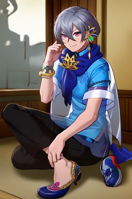 (masterpiece),(best_quality),1boy,Miroku,chinese clothes,see-through sleeves,blue scarf,lotus brooch,blue shirt,floral print,black capri pants,blue footwear,<lora:Miroku:1>,