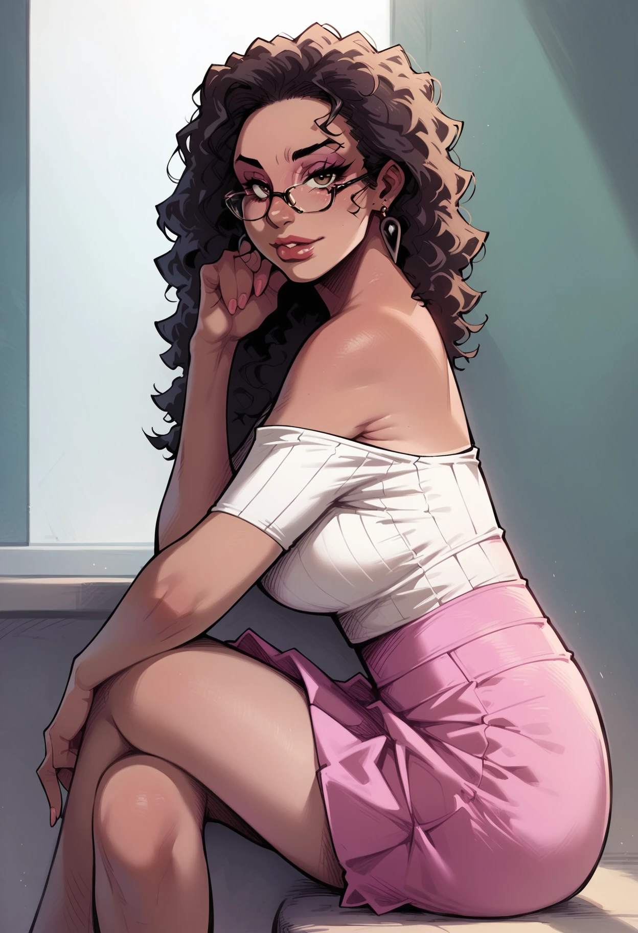 score_9, score_8_up, score_7_up,  <lora:p4m3l4_v2:1> p4m3l4_v2,1girl,solo,looking at viewer, white top, pink skirt, glasses, earrings, sitting, from side