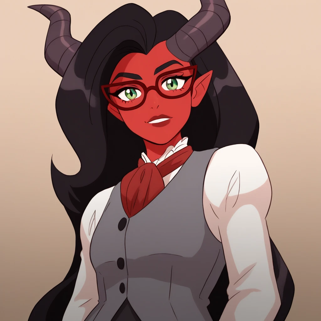 score_8_up, BREAK, WyvernaDretch, 1girl,  solo, black hair, long hair, green eyes, horns, red skin, red glasses, white shirt, grey vest, upper body,  <lora:WyvernaDretch_PXL_Leaf1:1>, looking at viewer, arms at sides,