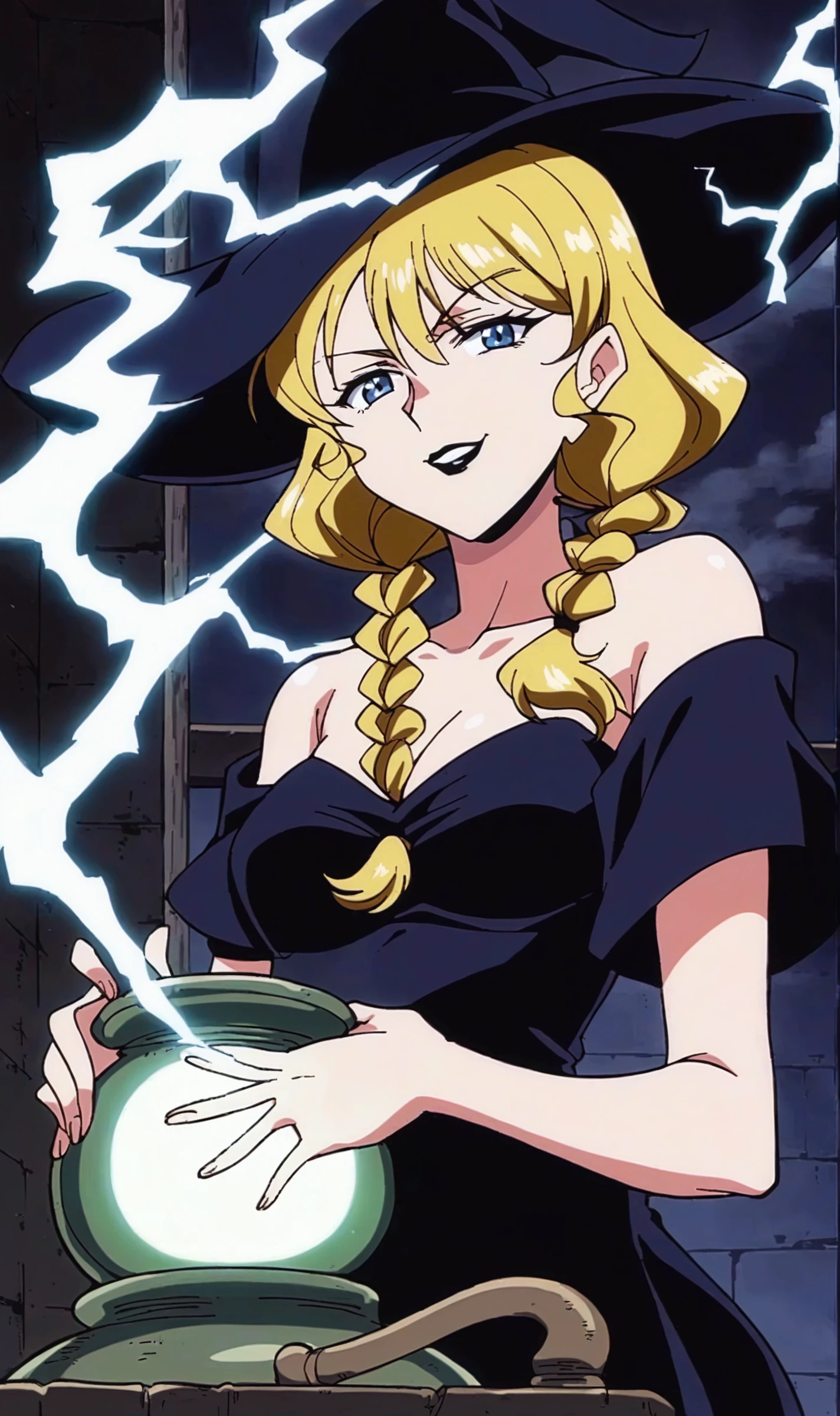 Julia, 1girl, solo, blonde, retro artstyle, score_9, score_8_up, score_7_up, source_anime, braided twintails, blue eyes, black lipstick, black eyeshadow, witch hat, witch off shoulder dress, cauldron, lightning, dark room, witch house, glowing, smoke, smile, looking at viewer, evil glare, anime coloring, <lora:Julia Pony XL:0.75>