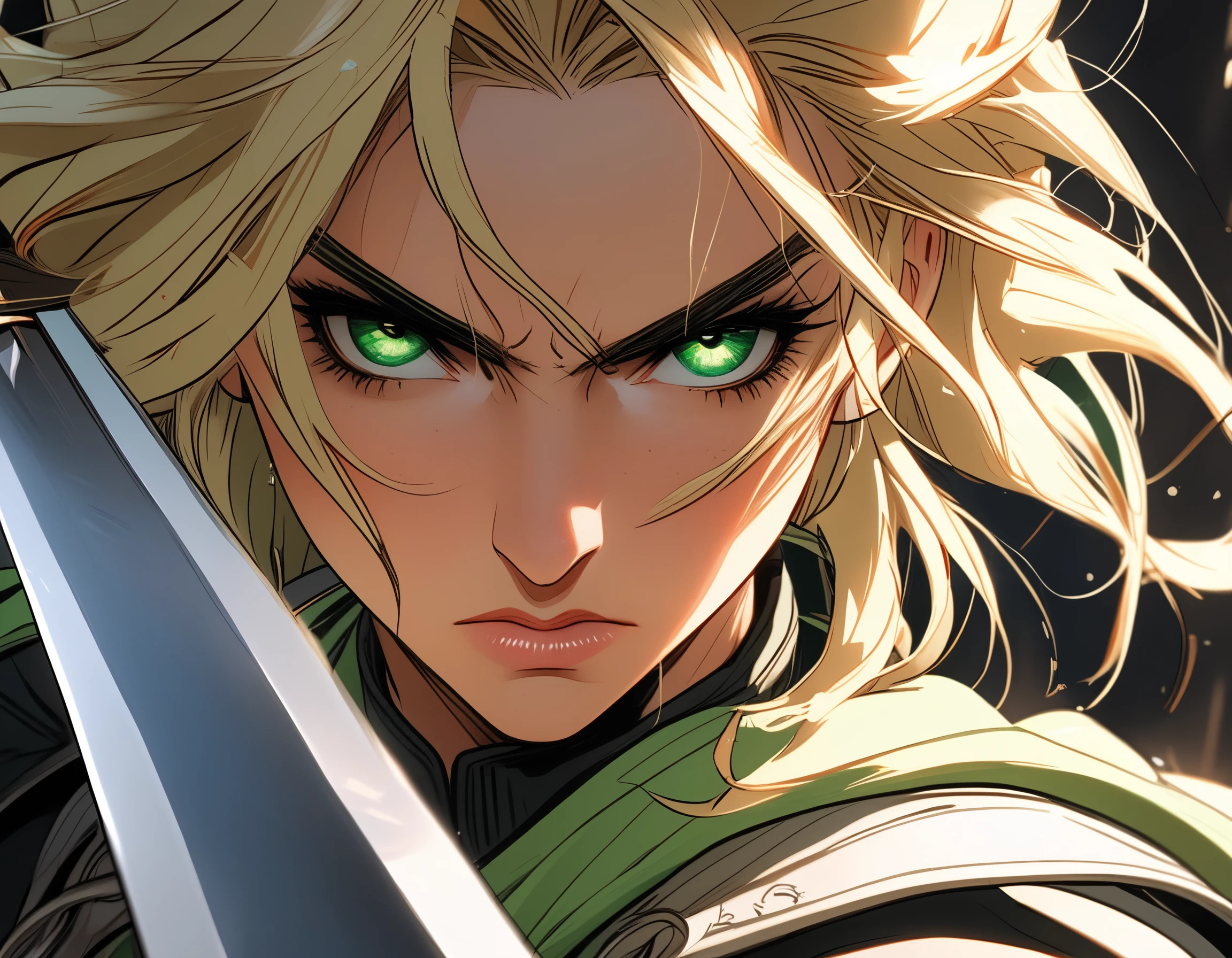 close-up of a blonde-haired character with intense green eyes displaying a determined and aggressive expression, masterpiece