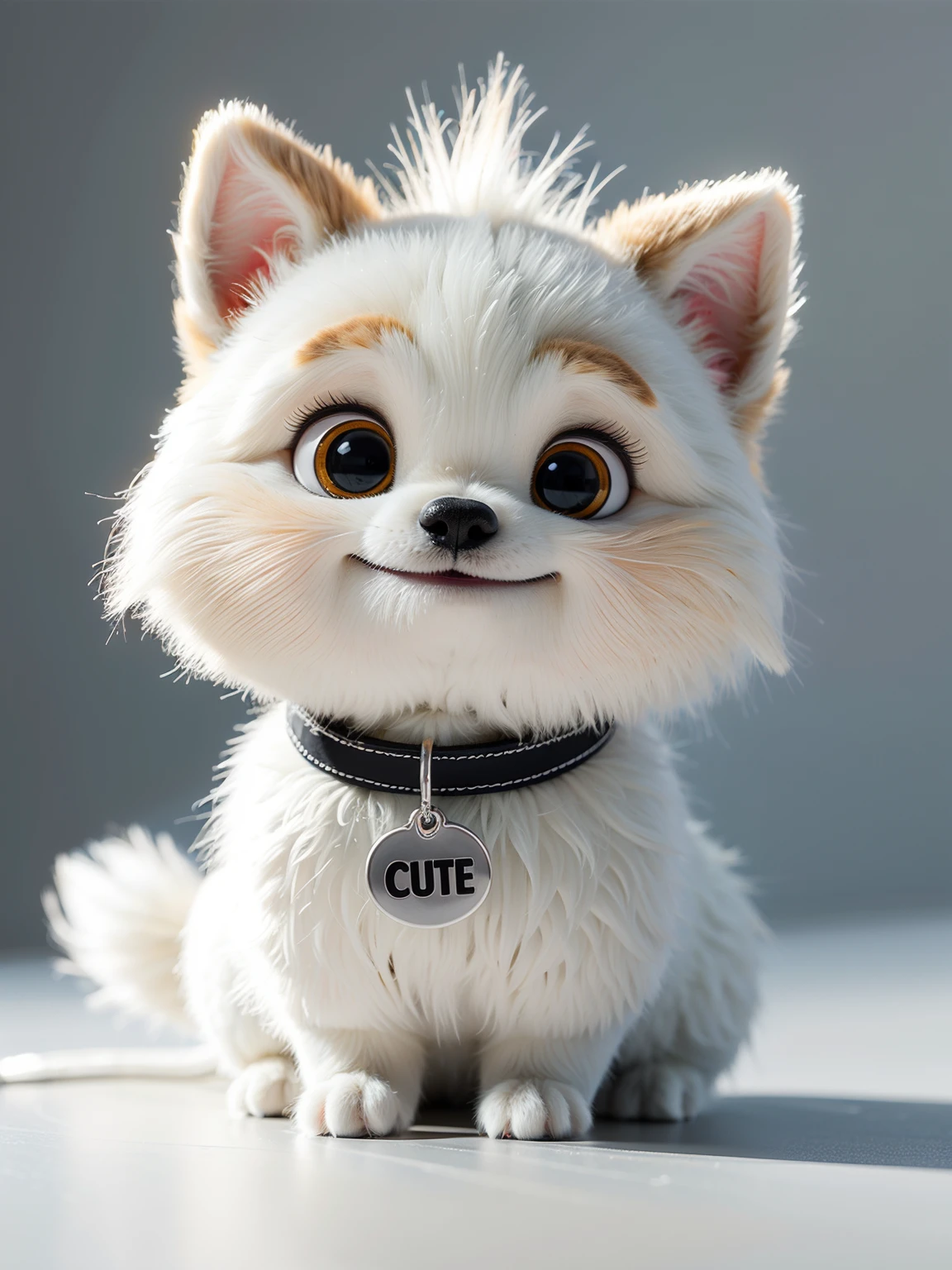fluffy animal,no humans,wearing a dog tag that says "cute",looking at viewer,car,white fur,grey background,<lora:DESAnimal:0.6>,