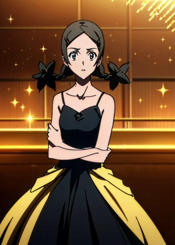 1girl, solo, 
<lora:ka0r1-000007:.8>, (twintails),brown eyes, (small breasts), braid, black hair, hairclip, (twin braids), (prom sparkling golden dress:1.2),
arms crossed, looking at viewer,
cinematic lighting,(colorful:1.3), high contrast, (masterpiece:1.3), (best quality:1.2), (high resolution:1.2),
,<lora:animemix_v3_offset:.4>,
cowboy shot, modeling,