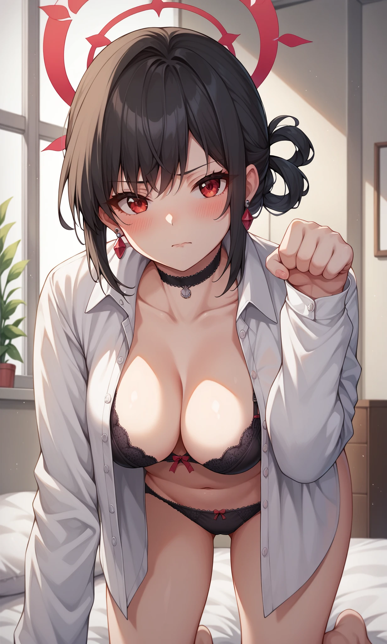 masterpiece, best quality, 1 girl, himeragi yukina, brown eyes, black hair, hair between eyes, medium hair, medium breasts, (healthy skin), ((prison, blood, mistress)),  bare shoulders, ((upper body)),  nsfw, sadestic