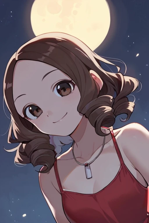 score_9, score_8_up, score_7_up, score_6_up, score_5_up, score_4_up <lora:motoTakagi:0.7> motoTakagi, takagi-san, brown eyes, 1girl, curly hair,  solo, red dress, sleeveless,  necklace, smile, night, looking at viewer,