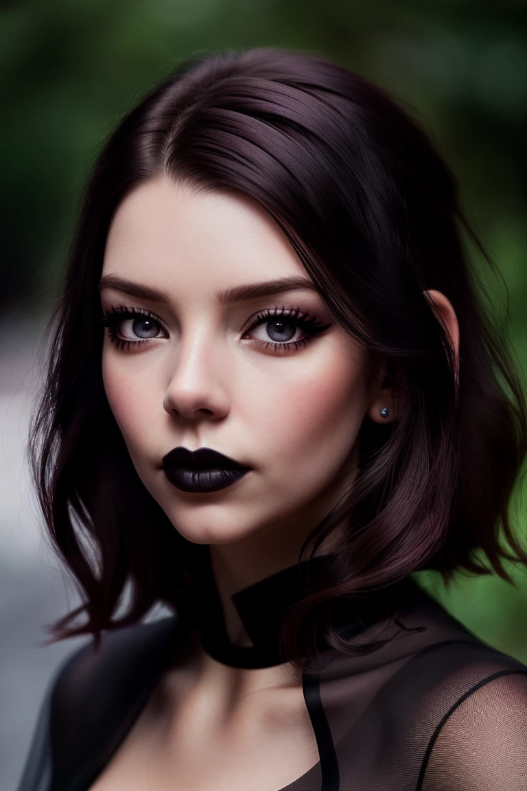 anyataylorjoy-4230,  ((detailed skin, detailed face):1.2), ((detailed eyes, beautiful eyes):1.2), ((red lipstick, eyeliner, eye shadow, blush)),  ,photo of a woman, RAW, close portrait photo, ((black bodysuit, cape)),((short hair, dark red hair)), ((outdoors, detailed scifi city, walking)), slim body, ((detailed skin, detailed face):1.2), ((detailed eyes, beautiful eyes)), 8k uhd, dslr, soft lighting, high quality, film grain, Fujifilm XT3 sharp focus, f 5.6,((black lipstick, heavy eyeliner, heavy eye shadow, goth makeup, pale skin)) , smiling  ((detailed eyes, beautiful eyes, detailed face, beautiful face)),