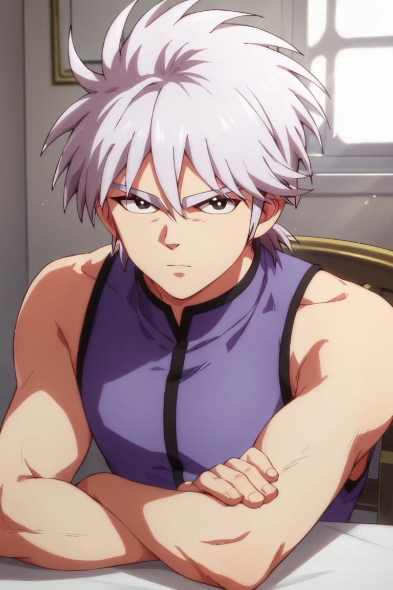 score_9,score_8_up,score_7_up,source_anime,HD, 1boy,solo,Hyunckel,lavender hair, black eyes, indoors, looking at viewer, light rays, standing, purple clothes, sleeveless, upper body, sitting, Table and chair<lora:EMS-416500-EMS:1.000000>