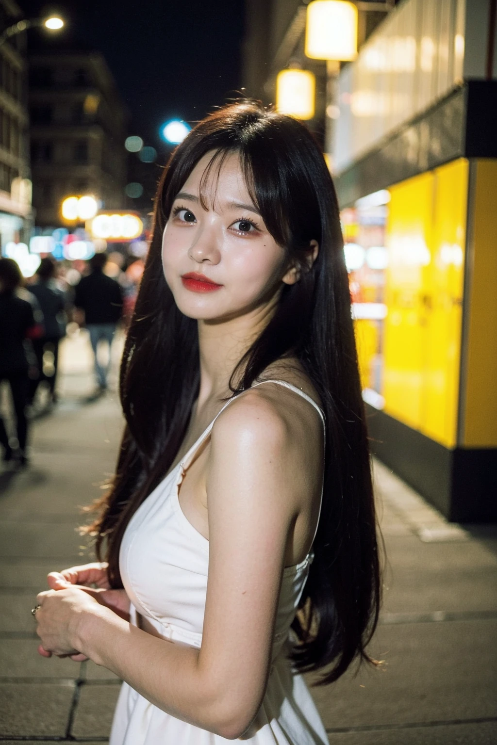 Best quality, masterpiece, ultra high res, (photorealistic), raw photo,1girl, skinny, upper body,solo, realistic, looking at viewer, long hair, bokeh background, city streets, mini dress,  <lora:makina69_parkminjung_v2.0:1>