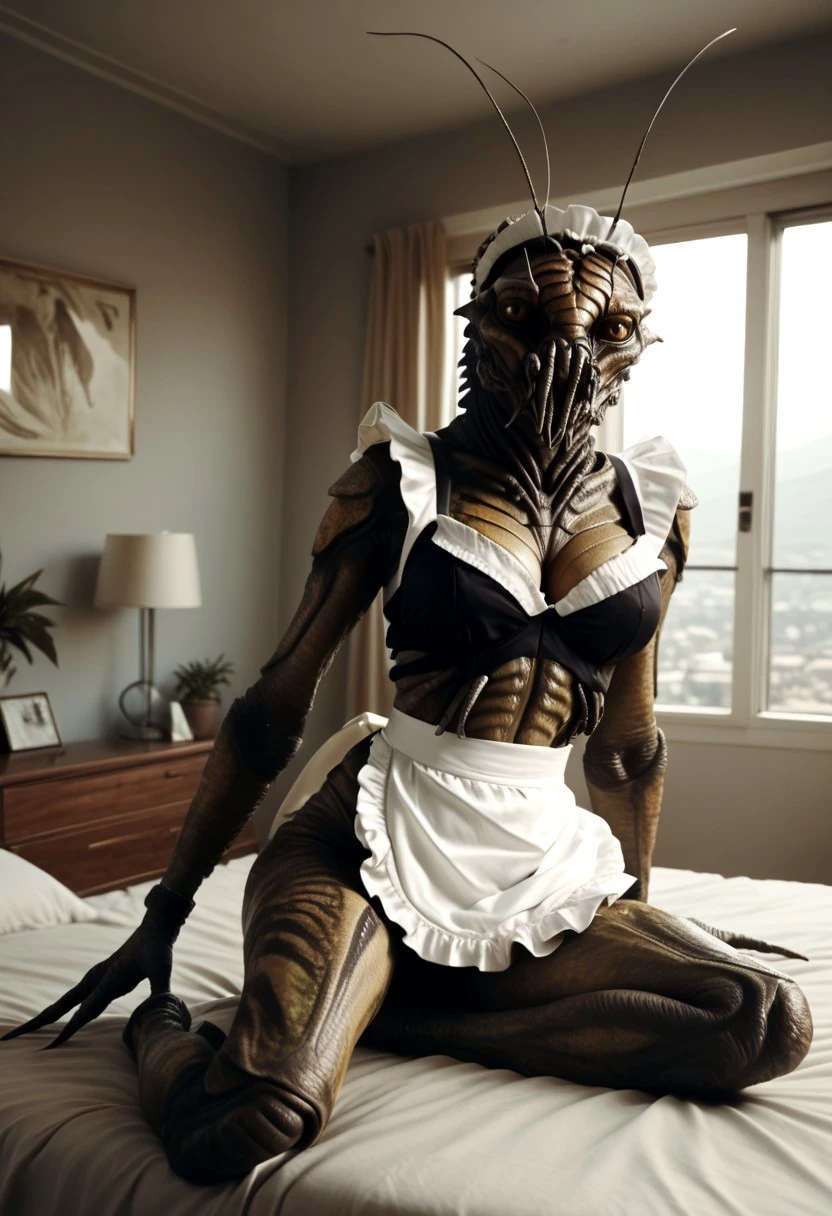 (((beautiful, high quality, realistic))), full body, score_9, score_8_up, score_7_up, 1girl, solo, large breasts, curvy, thin, alien, (french maid outfit:1.5), no humans, monster, science fiction, antennae, extra arms, laying on bed, looking at viewer, legs up, hearts, (inside, bedroom background:1.4)