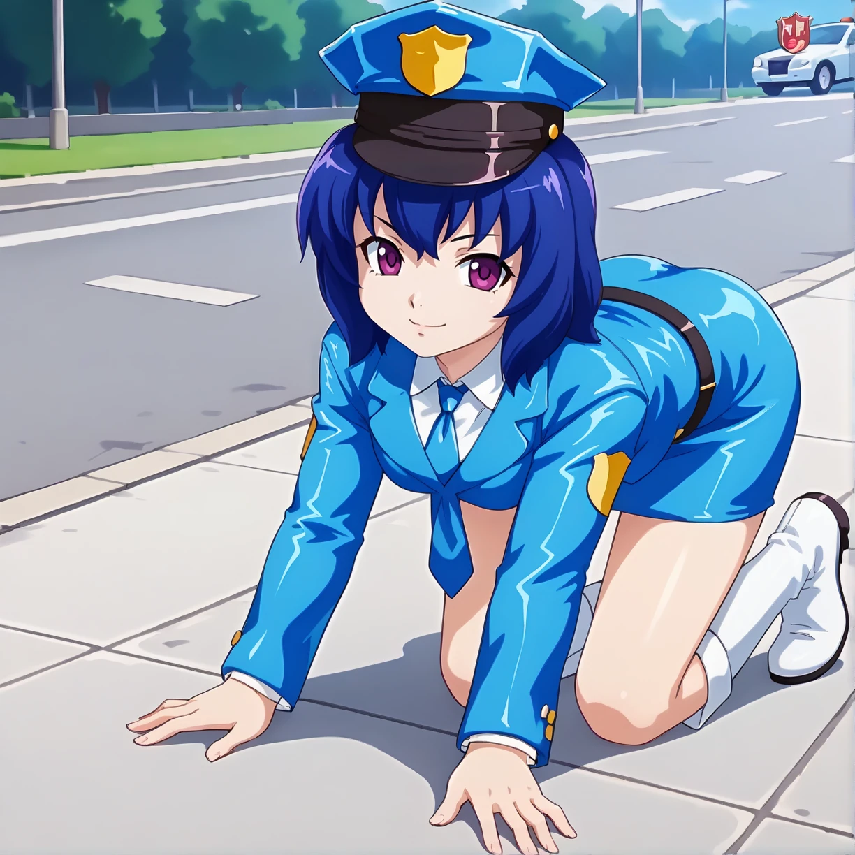 <lora:MSPAoiXLpony001>,
smile,
solo,
MSPAoi,1girl,blue hair,medium hair,red -purple eyes,
police hat,
police_uniform,blue jacket,necktie,
belt,blue skirt,mini skirt,
white boots,
white boots,high_heel_boots,
outdoors,
full body,all fours,