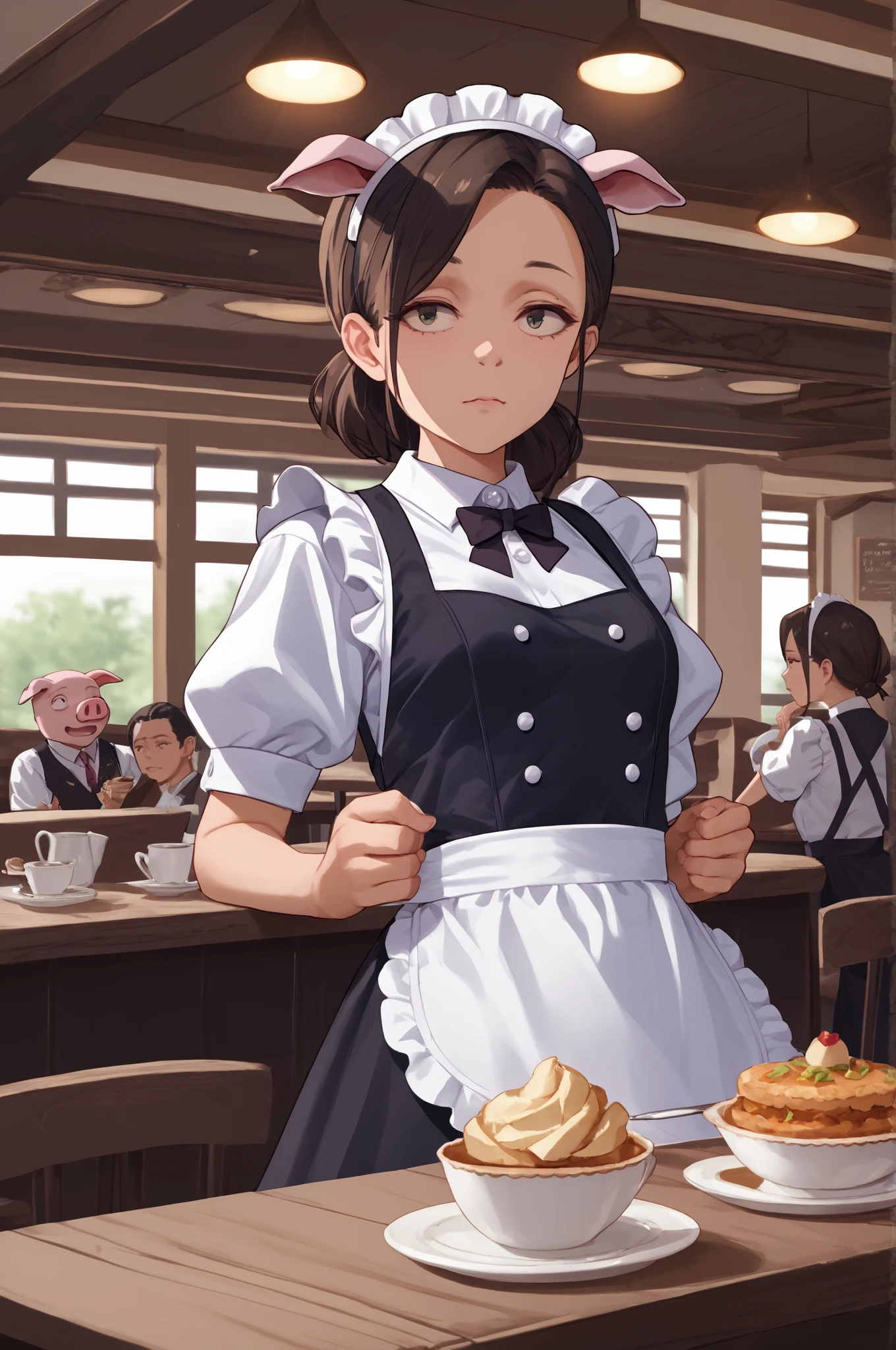 score_9, score_8_up, score_7_up, score_6_up, score_5_up, score_4_up, (high quality, detailed, beautiful)  <lora:Manager_epoch_8:0.99> yasuko_yaegashi, small_breasts, maid, cafe, fake_animal_ears, pig_ears,