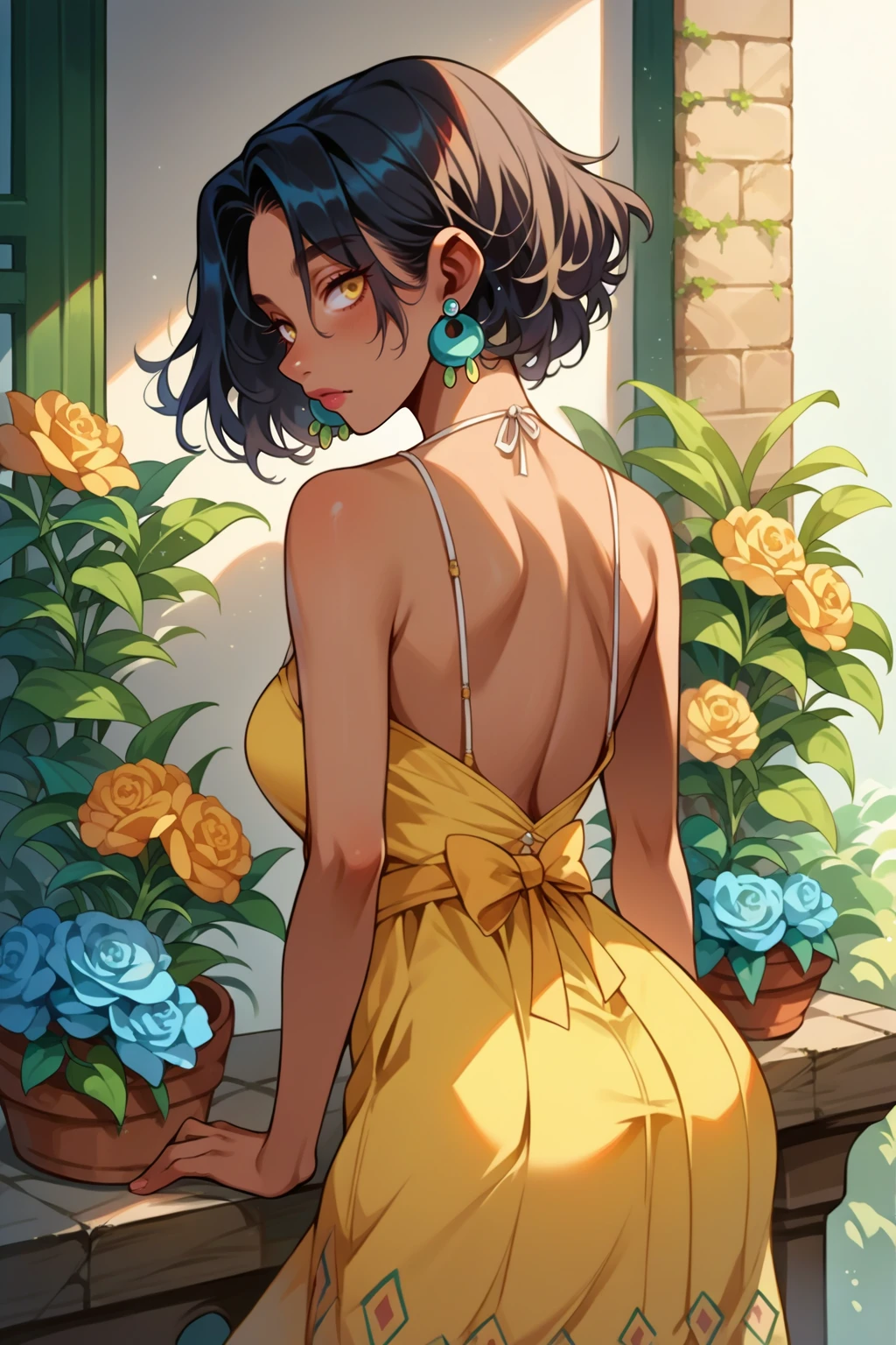 score_9, score_8_up, score_7_up, source_anime, 1girl, solo, <lora:NSSoniaPortia:0.9> NSSoniaPortia, dark-skinned female, black hair, medium hair, yellow eyes, teal dangle earrings, from behind, looking back, yellow sundress, garden, sunny day, bloom, curvy, spaghetti straps, bare back