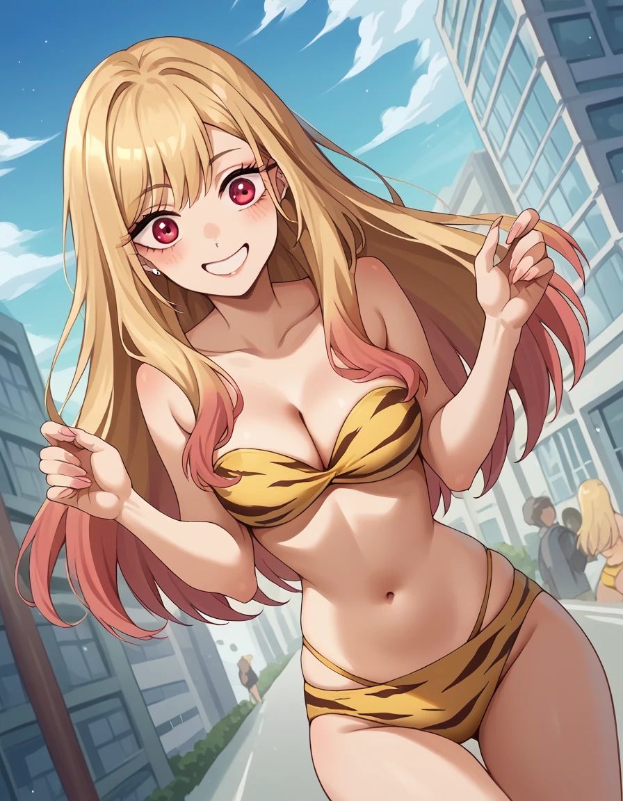 score_9, score_8_up, score_7_up, source_anime, marinkitagawa, <lora:marin-kitagawa-ponyxl-lora-nochekaiser:1>, marin kitagawa, long hair, bangs, blonde hair, red eyes, multicolored hair,, <lora:lum-cosplay-ponyxl-lora-nochekaiser:1>, lumcosplay, navel, cleavage, swimsuit, bikini, strapless, animal print, yellow bikini, tiger print, strapless bikini,, outdoors, cityscape, street, smile, blush,, cowboy shot, dutch angle,