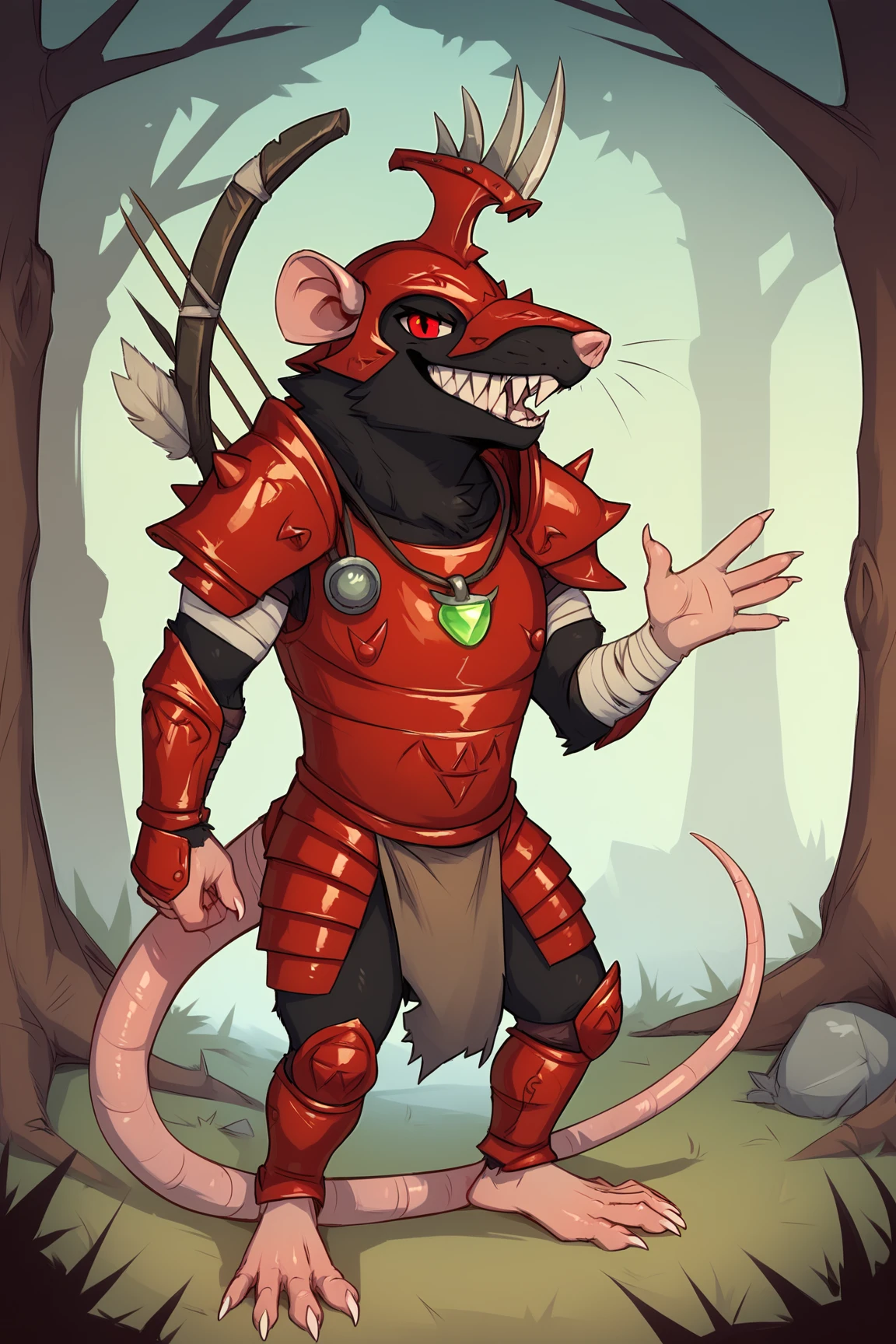 score_9, score_8_up, score_7_up, score_6_up, score_5_up, score_4_up, BREAK, SkavenSWF, anthro furry, furry male, black fur, snout, red eyes, sharp teeth, rat teeth, rat ears, rat tail, rat, red helmet, (bones on helmet), red armor, spikes, necklace green jewel, shoulder armor, red breastplate, red guantlet, bandages, red hips armor, grey loincloth, red greaves, barefoot, rat feet, arrow \(projectile\) on behind, solo, standing, waving, evil grin, looking at viewer, forest, tree <lora:SkavenSWF:0.9>