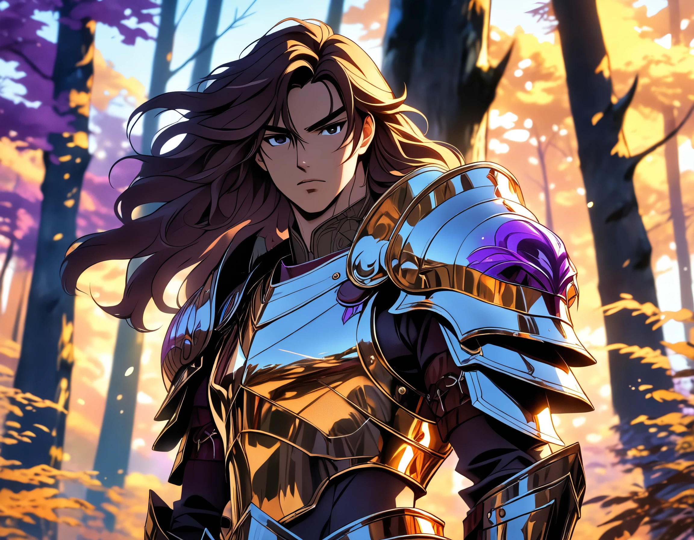 an anime warrior character with long brown hair wearing golden armor stands in a forest with a purple sky, masterpiece