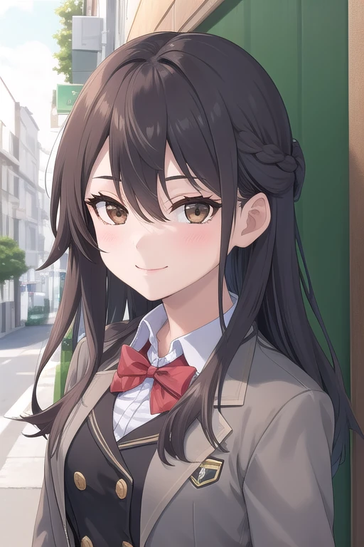 ((masterpiece)),(best quality),official art,extremely delicate and beautiful,extremely detailed CG,unity 8k wallpaper,ultra detailed,beautiful detailed eyes,extremely detailed face,outdoors,1girl,solo,upper body,(portrait:1.5),looking at viewer,facing viewer,smile,Suou Yuki,long hair,black hair,french braid,hair between eyes,parted bangs,brown eyes,school uniform,grey jacket,cropped jacket,open clothes,open jacket,wing collar,red bowtie,black dress,pleated dress,double-breasted,collared shirt,white shirt,medium breasts,skindentation,long sleeves,black socks,loafers,brown footwear,<lora:Suou Yuki(tsrdta)>,