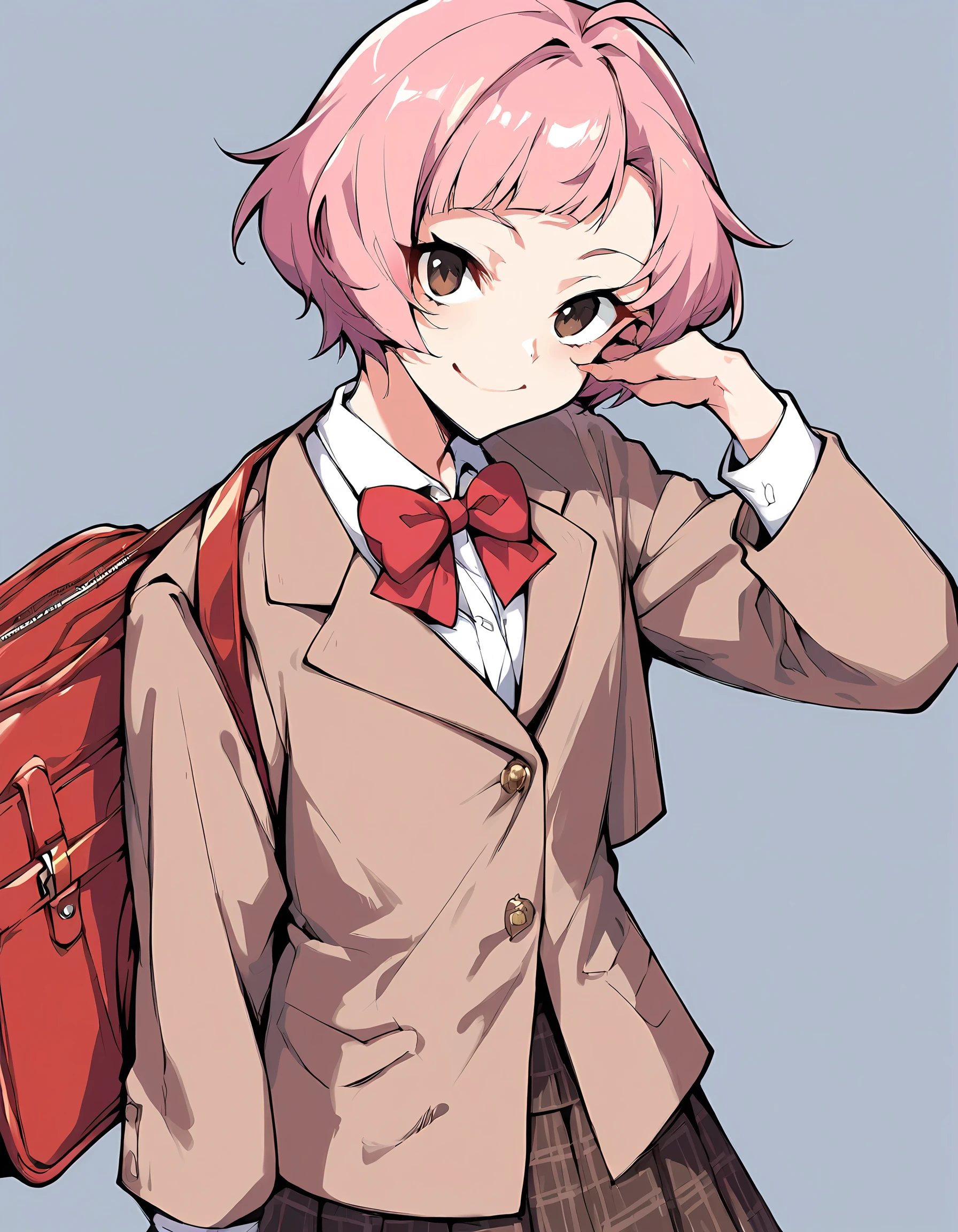 score_9,score_8_up,score_7_up,source_anime,
1boy, solo, otoko no ko,  <lora:Yuki_Pony:1>YukiReal,pink hair, short hair,plaid skirt,brown skirt,white shirt,school uniform, brown jacket, red bow, scool bag,
simple background,  smile, lokking at viewer,
<lora:princess_pony_v1:0.4> <lora:add_details_xl:1>