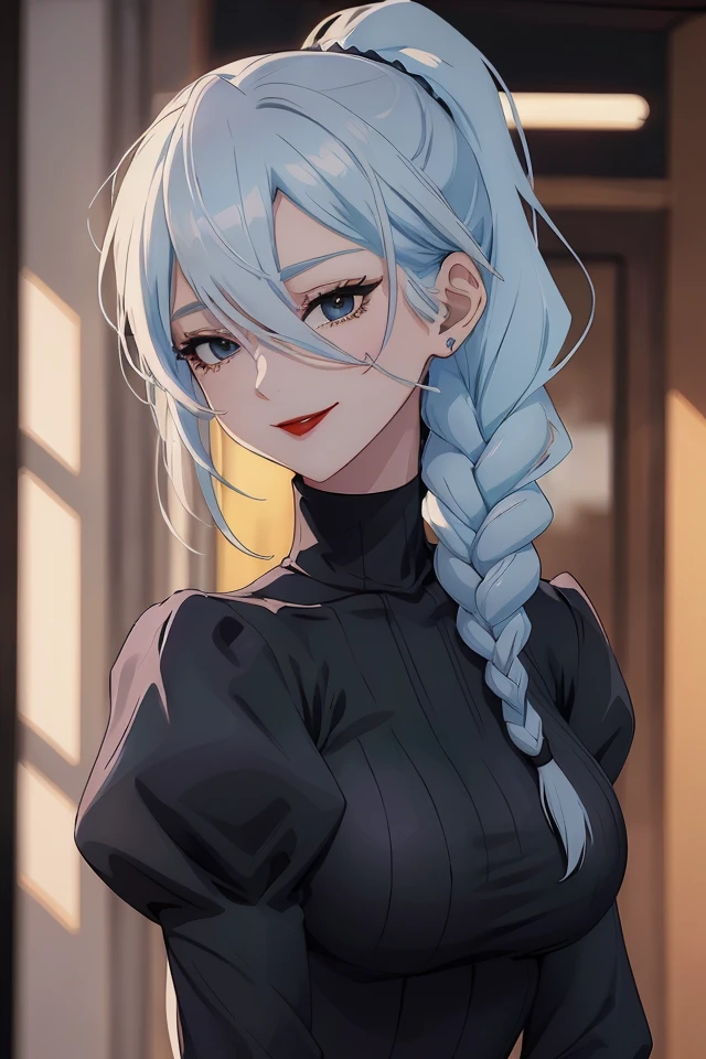 (JK_MeiMei), 1girl, smile, solo, long hair, light blue hair, large breasts, nail polish, eyelashes, black eyes, lipstick, makeup, red lips,long sleeves, dress, puffy sleeves, black dress, juliet sleeves, turtleneck dress, (two ponytail, braided ponytail, braid over one eye, one eye covered),