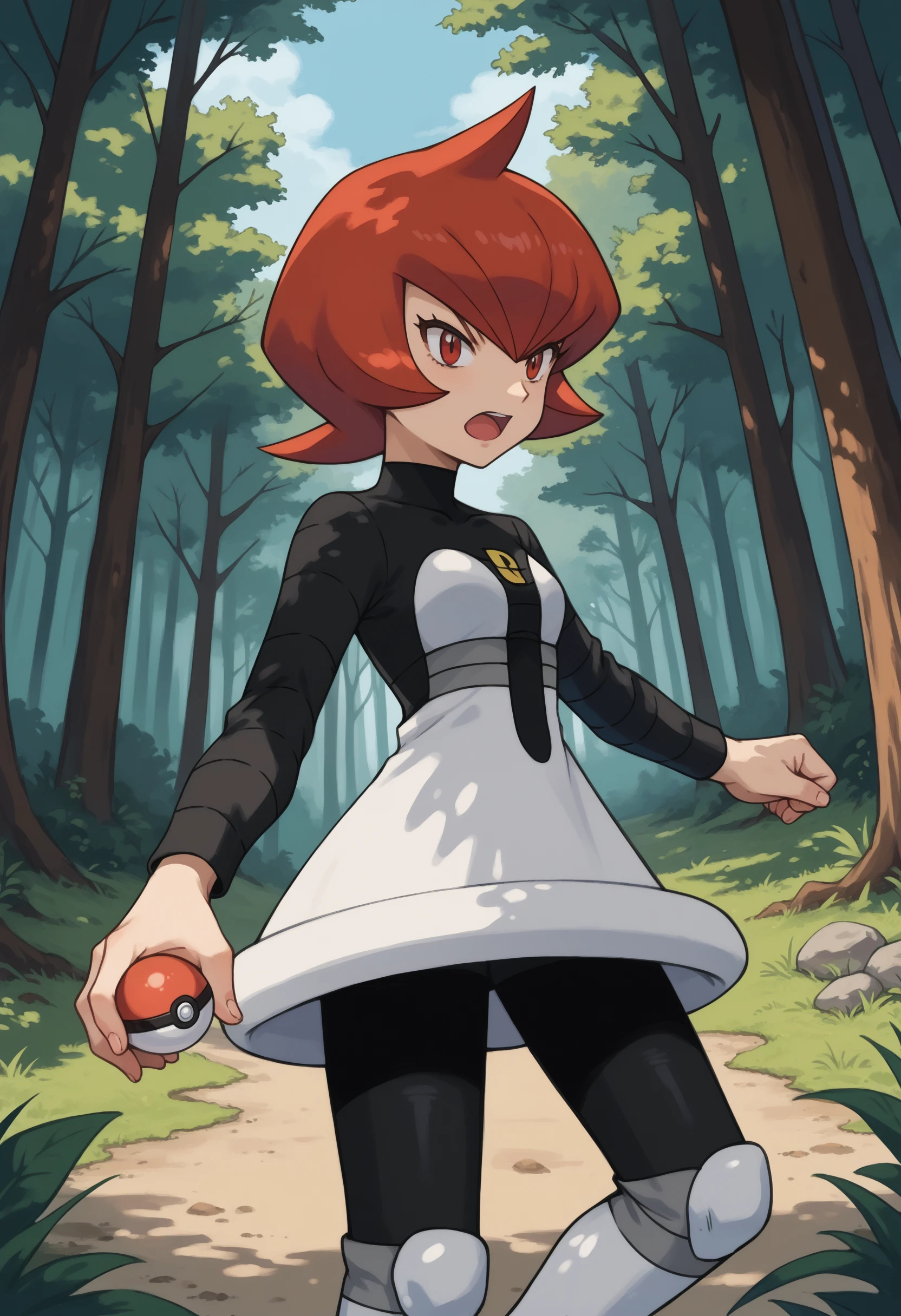 score_9, score_8_up,score_7_up, source_anime, 1girl, solo, EPGingadanMars, red eyes,  short hair, red hair,
two-tone dress, covered collarbone, long sleeves, black leggings, knee boots, white footwear, standing, outdoors, forest, holding poke ball, poke ball \(basic\), fighting stance, open mouth,
<lora:Mars_pdxl_EliPot:1>