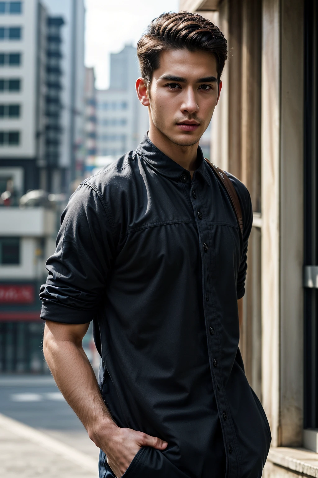 (best quality, masterpiece, ultra-detailed, high quality photography, photo realistic:1.33), (1 male, 27-years-old male, real skin texture, detailed skin texture, :1.21), (random fashion stylish pose, Looking Outside, :1.33), solo, slim Asian male, handsome detailed face, Highly Detailed Hands, (random fashion outfit, Man Bun Haircut, Disappointed, two-tone_background, :1.1), <lora:增加細節3:1>