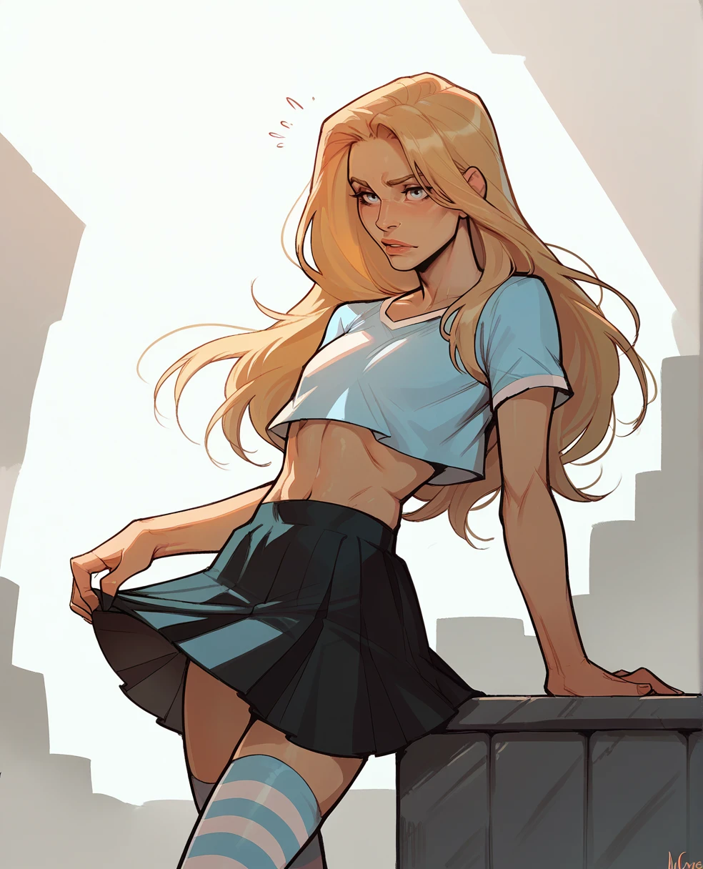 score_9, score_8_up, score_7_up, <lora:incaseV4:1>
1boy, skirt, long hair, crossdressing, crop top, striped thighhighs, blonde hair, long hair, short sleeves,