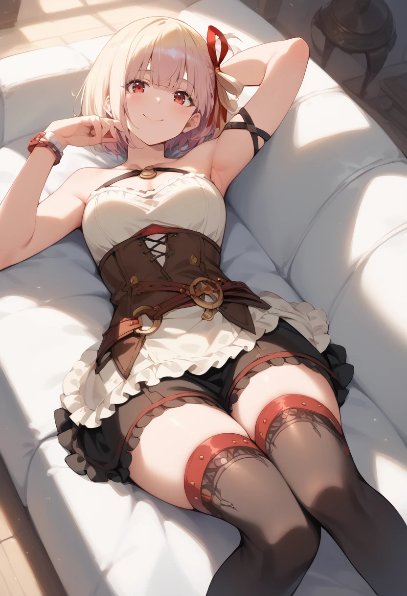 score_9, score_8_up, score_7_up, best quality, masterpiece, source_anime, zPDXL2, BREAK , 1girl, solo,  clockwork outfits, thighhighs,  smile happy <lora:clockwork_doaxvv:1> Lounging with one hand behind the head <lora:chisato-nishikigi-ponyxl-lora-nochekaiser:1> chisato nishikigi, short hair, bangs, blonde hair, red eyes, hair ribbon, one side up, bob cut,