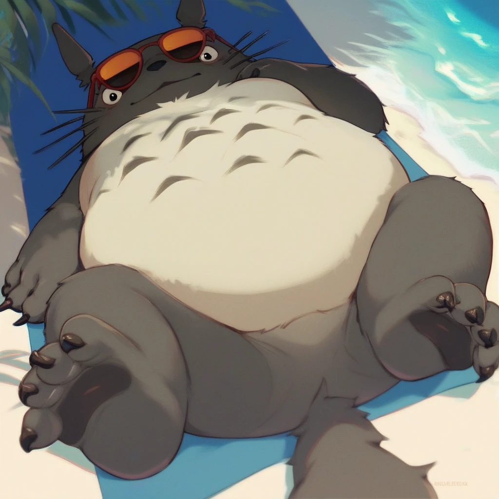 score_9, score_8_up, score_7_up, score_6_up, score_5_up, score_4_up, totoro, studio ghibli, furry, fat, yellow fluffy belly, grey skin, big smile, claws, outside, beach background, beach scenery, water, relaxing, laying down, looking at viewer, sunglasses, barefoot