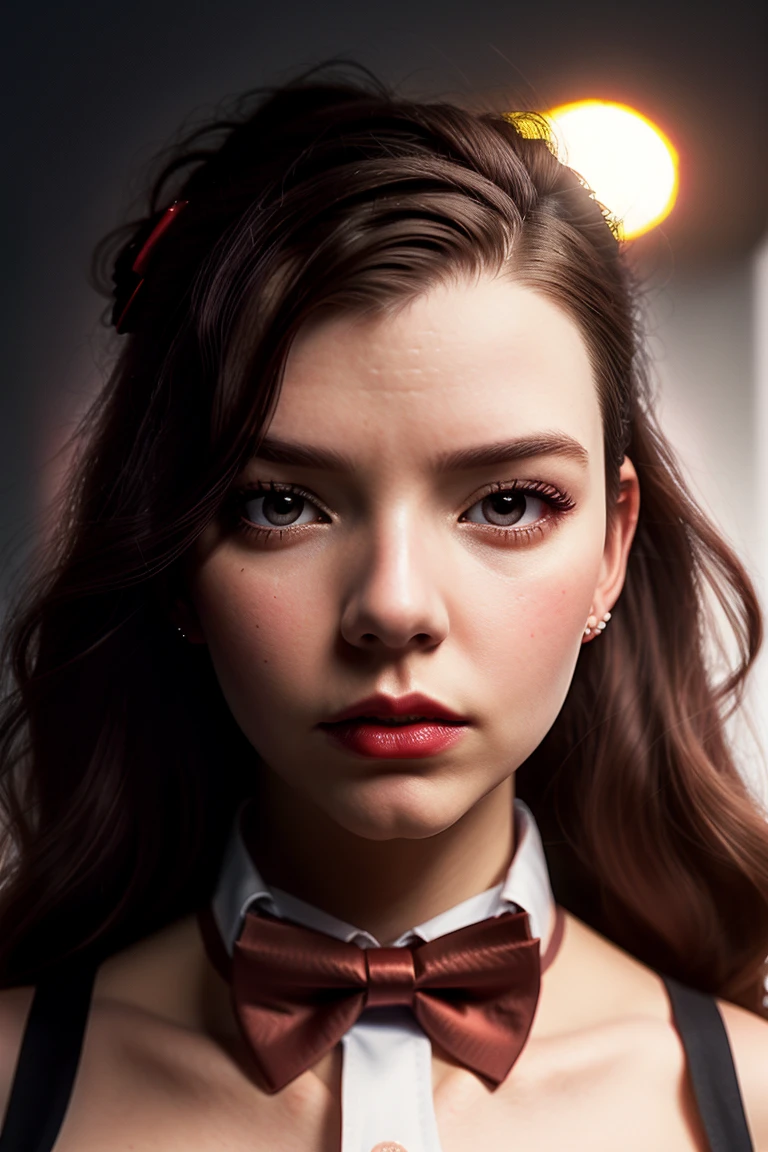 anyataylorjoy-4230, ((detailed skin, detailed face)), ((detailed eyes, beautiful eyes)), ((red lipstick, eyeliner, eye shadow, blush)), , photo of a woman, ,beautiful picture, fully clothed, outside, ((bowtie, thighhighs, shirt, skirt)), city street, sunset, detailed, epic, closeup,