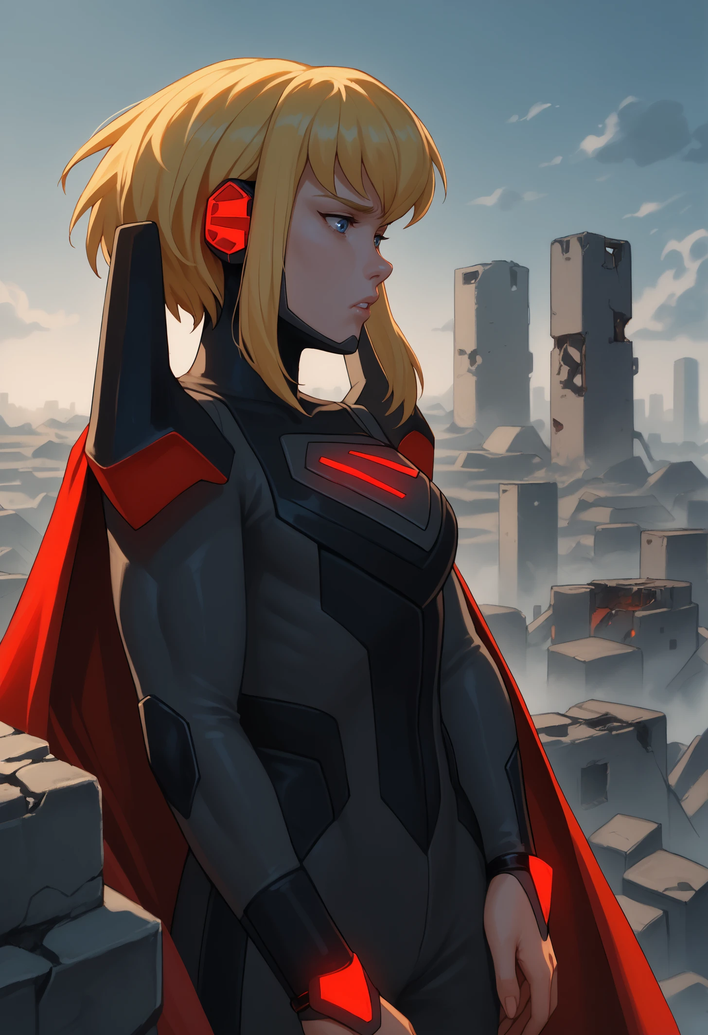 score_9, score_8_up, score_7_up, 1girl, solo, karazoreldef, blue eyes, short hair, blonde hair, medium breasts, toned,
karazorelfit, red earpiece, red cape, red glow, black two-tone bodysuit, shoulder armor, bracelet,
looking down, depressed, parted lips, side view,
outdoors, grey theme, grey sky, fire, ruins, city, rubble, floating, airborne,
<lora:Kara-Zor-ElPDXL_V1-Manityro-CAME:1.0>