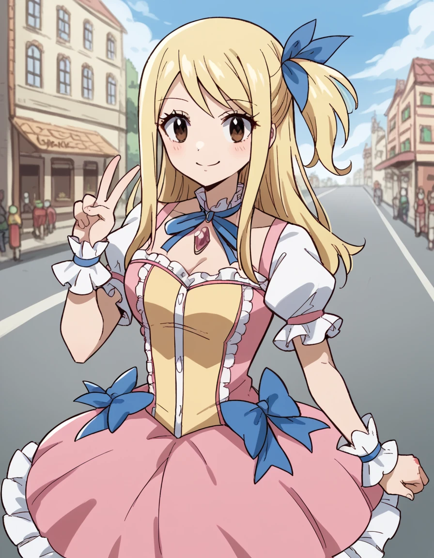 score_9, score_8_up, score_7_up, source_anime, lucyheartfilia, <lora:lucy-heartfilia-s7-ponyxl-lora-nochekaiser:1>, lucy heartfilia, blonde hair, brown eyes, long hair, one side up, ribbon, hair ribbon, blue ribbon,, <lora:kaname-madoka-cosplay-ponyxl-lora-nochekaiser:1>, kanamemadokacosplay, kaname madoka \(cosplay\), chest jewel, dress, frilled dress, frills, magical girl, neck ribbon, pink dress, puffy short sleeves, puffy sleeves,, outdoors, streets, smile, blush, v, v over eye,, cowboy shot, dutch angle, solo,