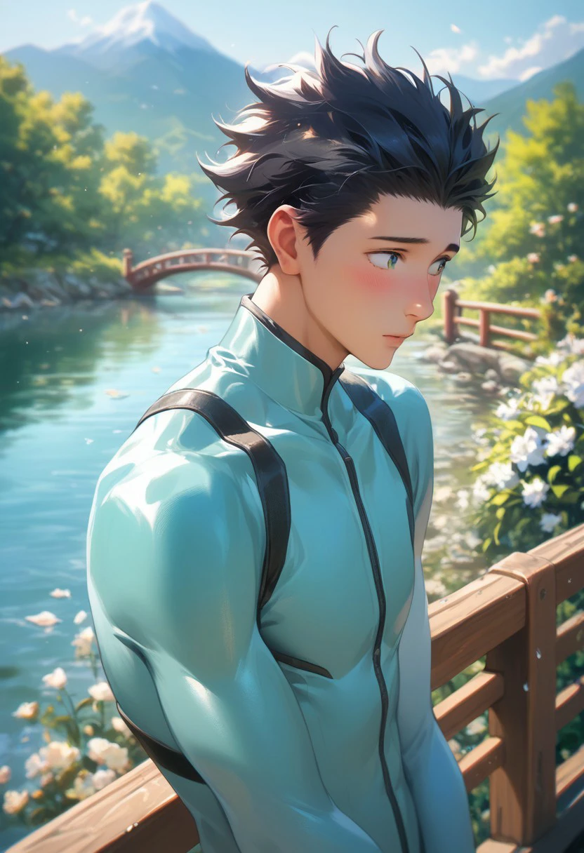 score_9, score_8_up, score_7_up, source_anime, rating_safe, Shoykoe, 1boy, male focus, looking away, cyan suit, blushing, wedding flowers, outdoor blurry river, wooden bridge, railing, atmospheric perspective, mountains, shy, realistic lighting, cyan and Shoko's hair compliments each other right?