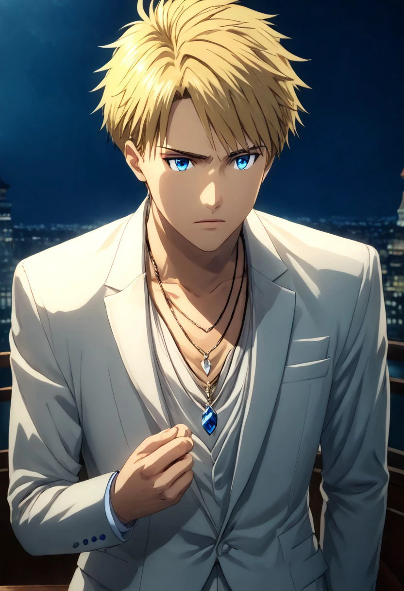 high resolution, solo, best quality, 1Boy, Yamato Ishida, Blonde Hair, Blue Eyes, Necklace, Adjusting necklace, focused, elegant, detailed,