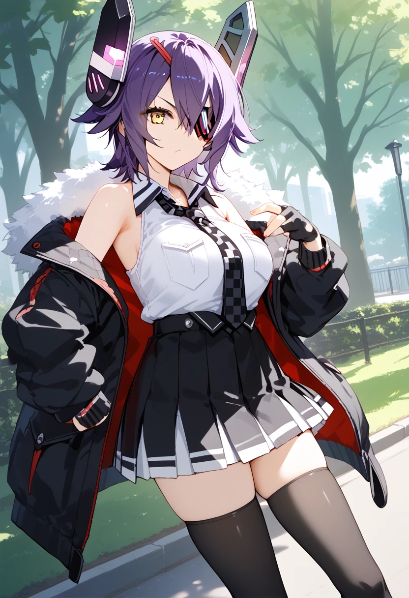 1girl, solo, park,  <lora:KC_02LC_tenryuu_ponyv2:1> tenryuu-kc, headgear, eyepatch, short hair, purple hair, yellow eyes, tenryuukai2-kc, sleeveless shirt, white shirt, fur trim jacket, necktie, checkered necktie, black skirt, miniskirt, pleated skirt, black thighhighs, boots, sleeves rolled up, fingerless gloves, black groves,, score_9,score_8_up, score_7_up, source_anime, masterpiece, best quality,  official art, official style, game cg, megami magazine, rating_safe, rating_questionable, <lora:Fixhands_anime_bdsqlsz_V1:0.75>,