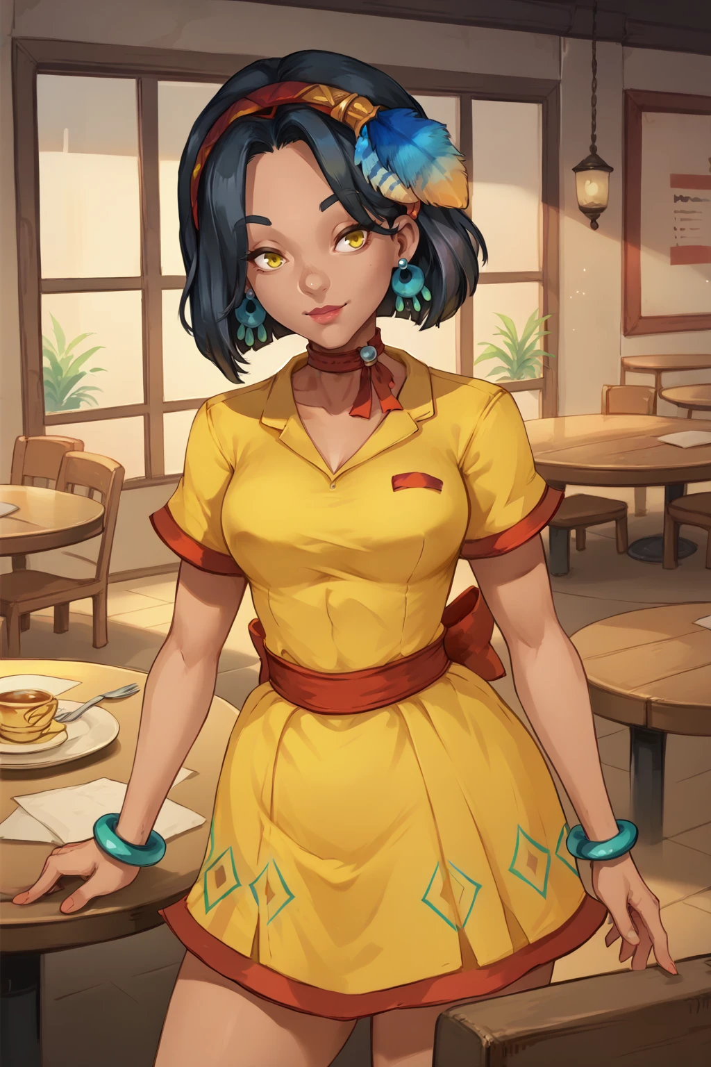 score_9, score_8_up, score_7_up, BREAK  <lora:NSSoniaPortia:1> NSSoniaPortia, dark-skinned female, black hair, medium hair, yellow eyes, red hairband, feather hair ornament, teal dangle earrings, red choker, yellow dress, wide collar, short sleeves bracelet, cowboy shot, indoors, restaurant, smile