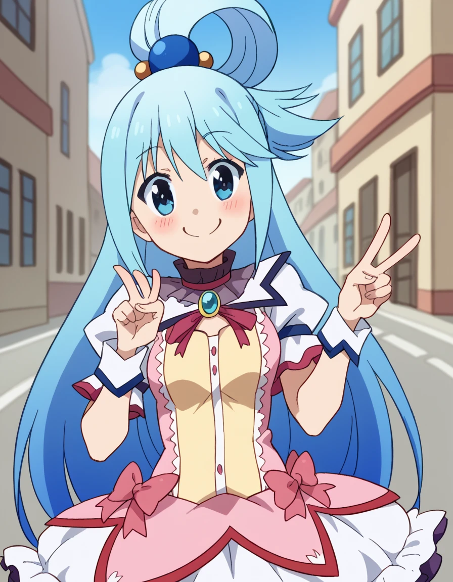 score_9, score_8_up, score_7_up, source_anime, konosubaaqua, <lora:konosuba-aqua-s2-ponyxl-lora-nochekaiser:1>, aqua (konosuba), long hair, blue eyes, hair ornament, very long hair, blue hair, hair rings, single hair ring, hair bobbles,, <lora:kaname-madoka-cosplay-ponyxl-lora-nochekaiser:1>, kanamemadokacosplay, kaname madoka \(cosplay\), chest jewel, dress, frilled dress, frills, magical girl, neck ribbon, pink dress, puffy short sleeves, puffy sleeves,, outdoors, streets, smile, blush, v, v over eye,, cowboy shot, dutch angle, solo,